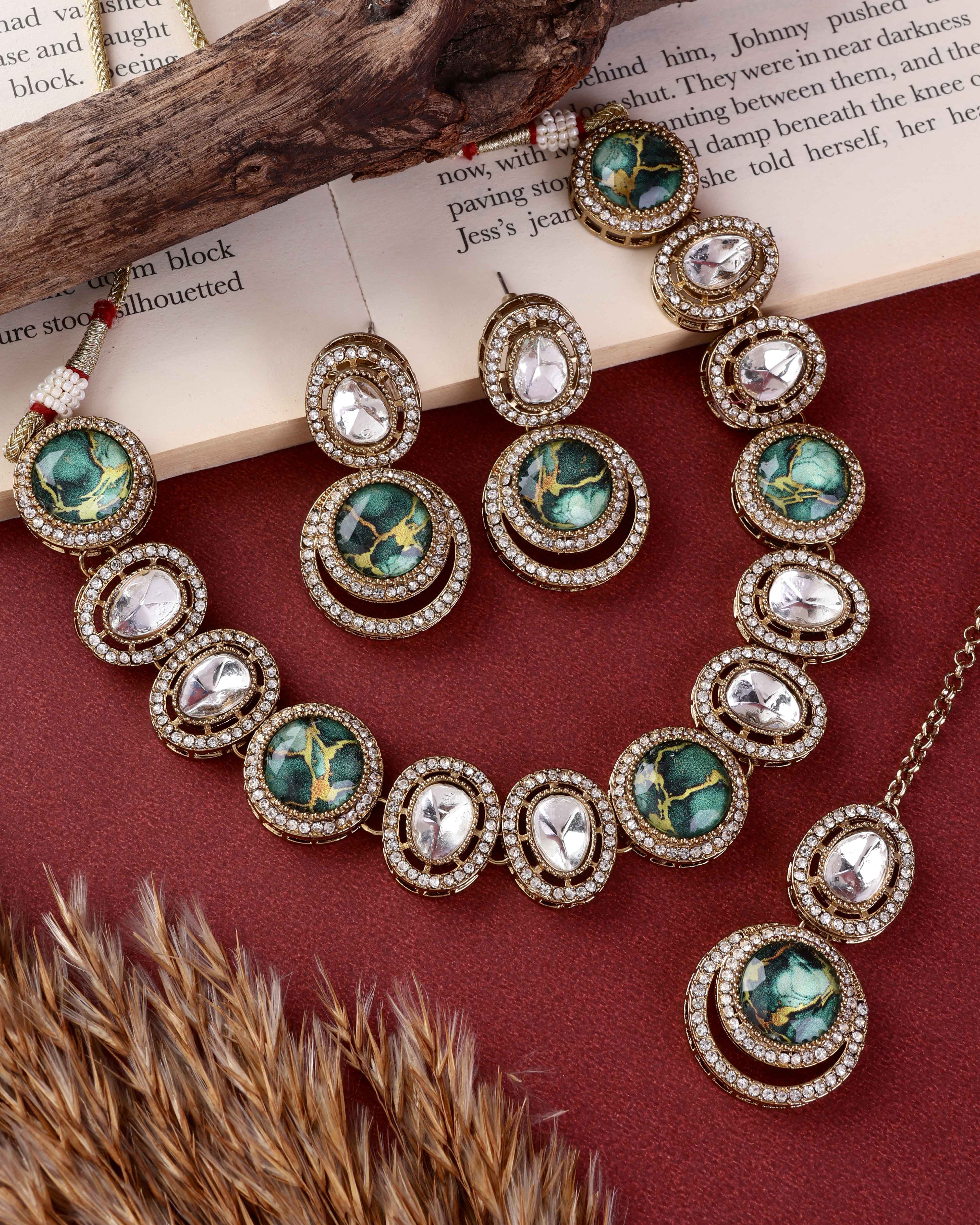 Green Marble Abir Premium Polki Dupe Necklace with Earring and Teeka