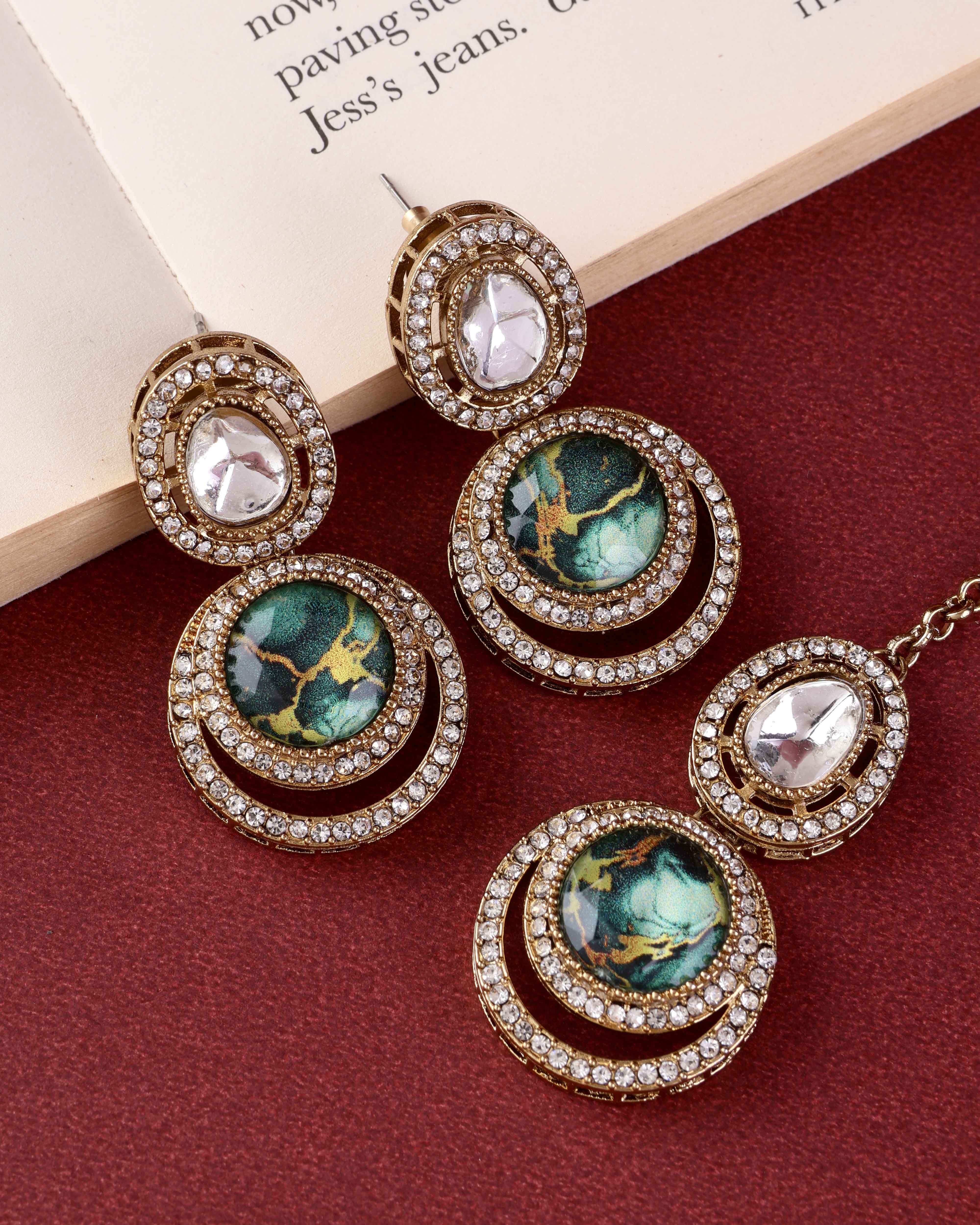 Green Marble Abir Premium Polki Dupe Necklace with Earring and Teeka - Image 2
