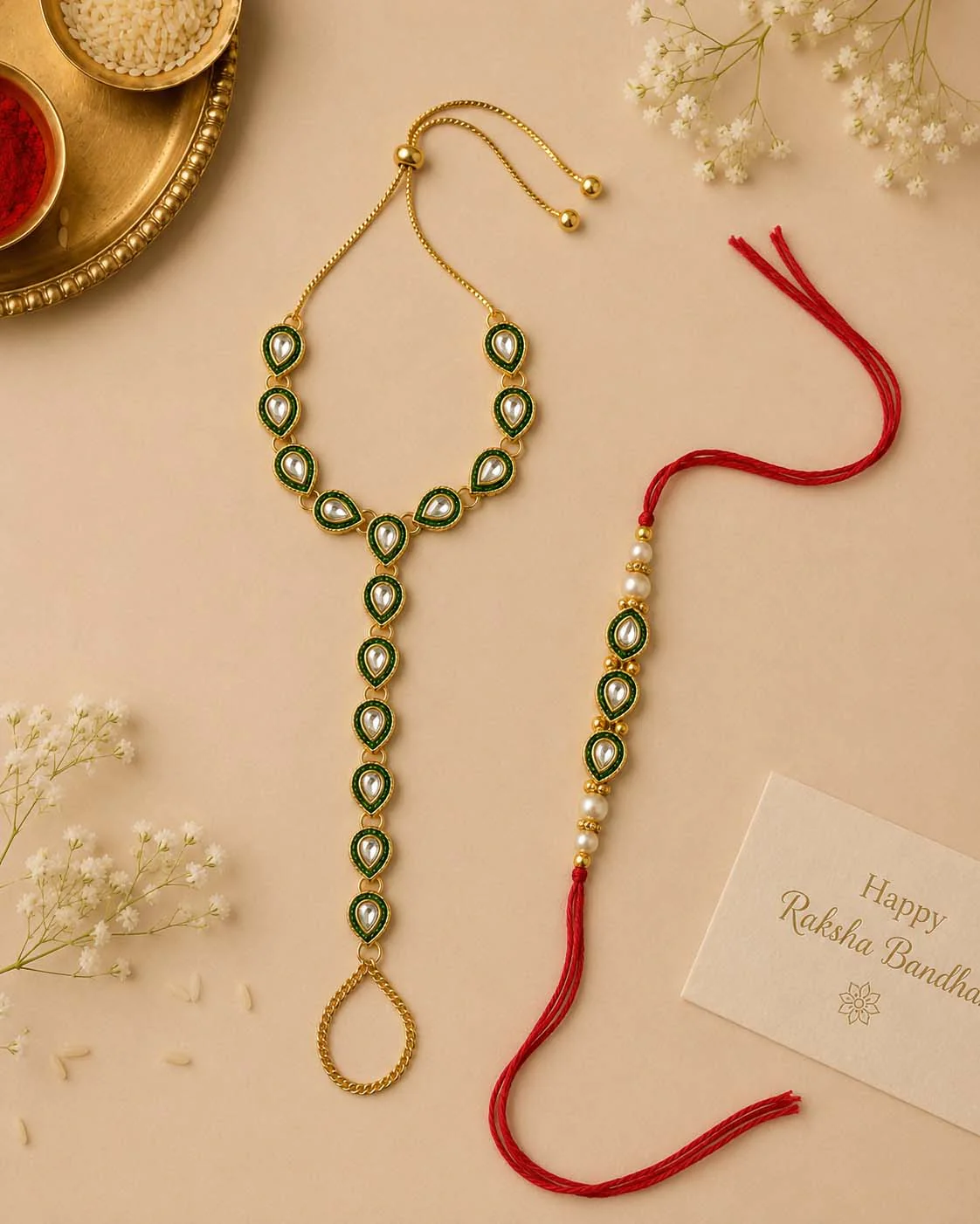 Agnay Bhaiya Rakhi and Bhabhi Hathphool with Tilak Set and Card