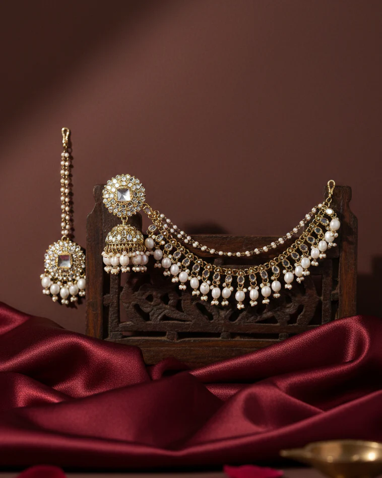 Pearl Avreet Mirror Bahubali Jhumka with Statement Kaan Chain and Teeka - Image 3