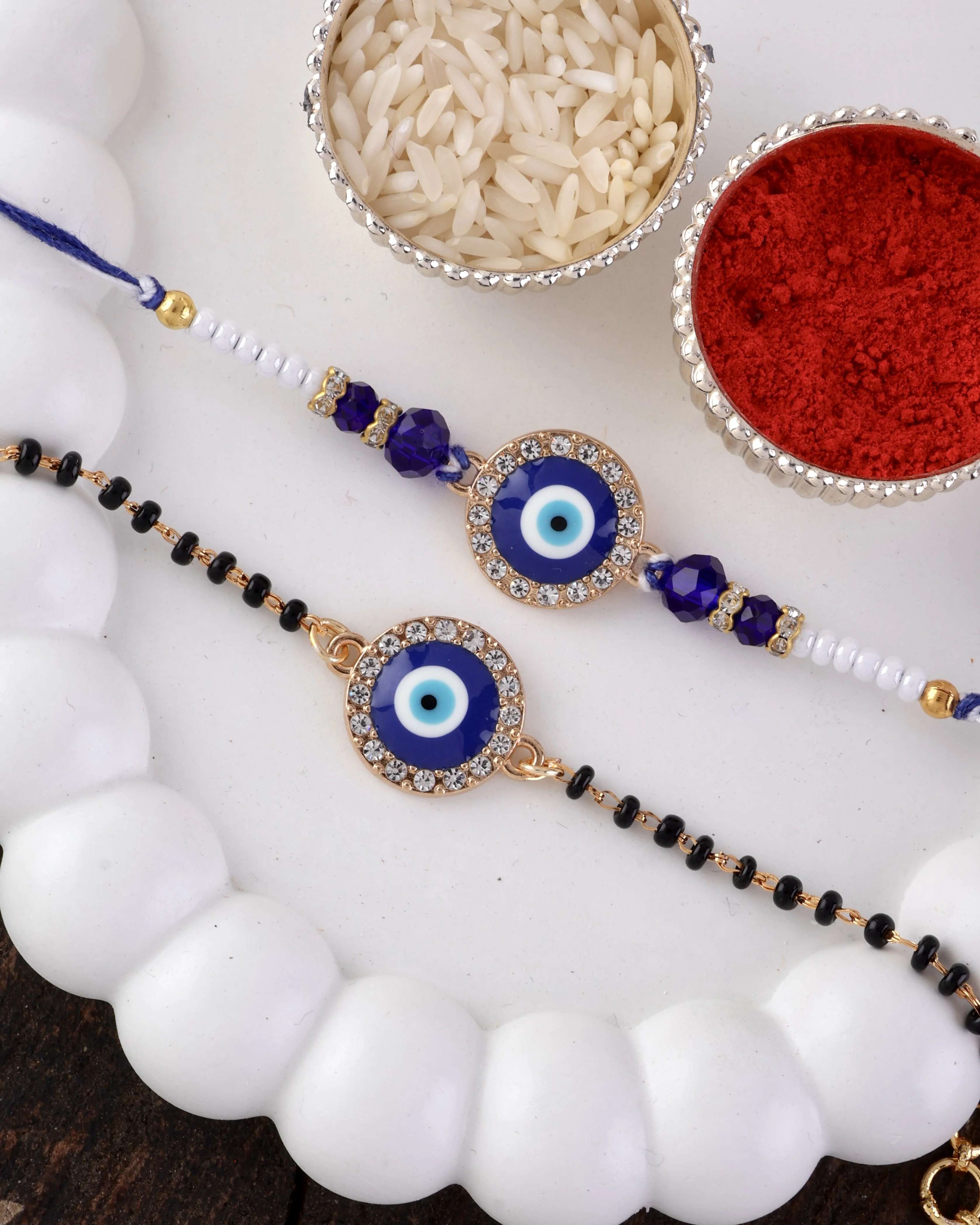 Anjan Bhaiya Bhabhi Evil Eye Rakhi Mangalsutra with Tilak Set and Card - Image 2
