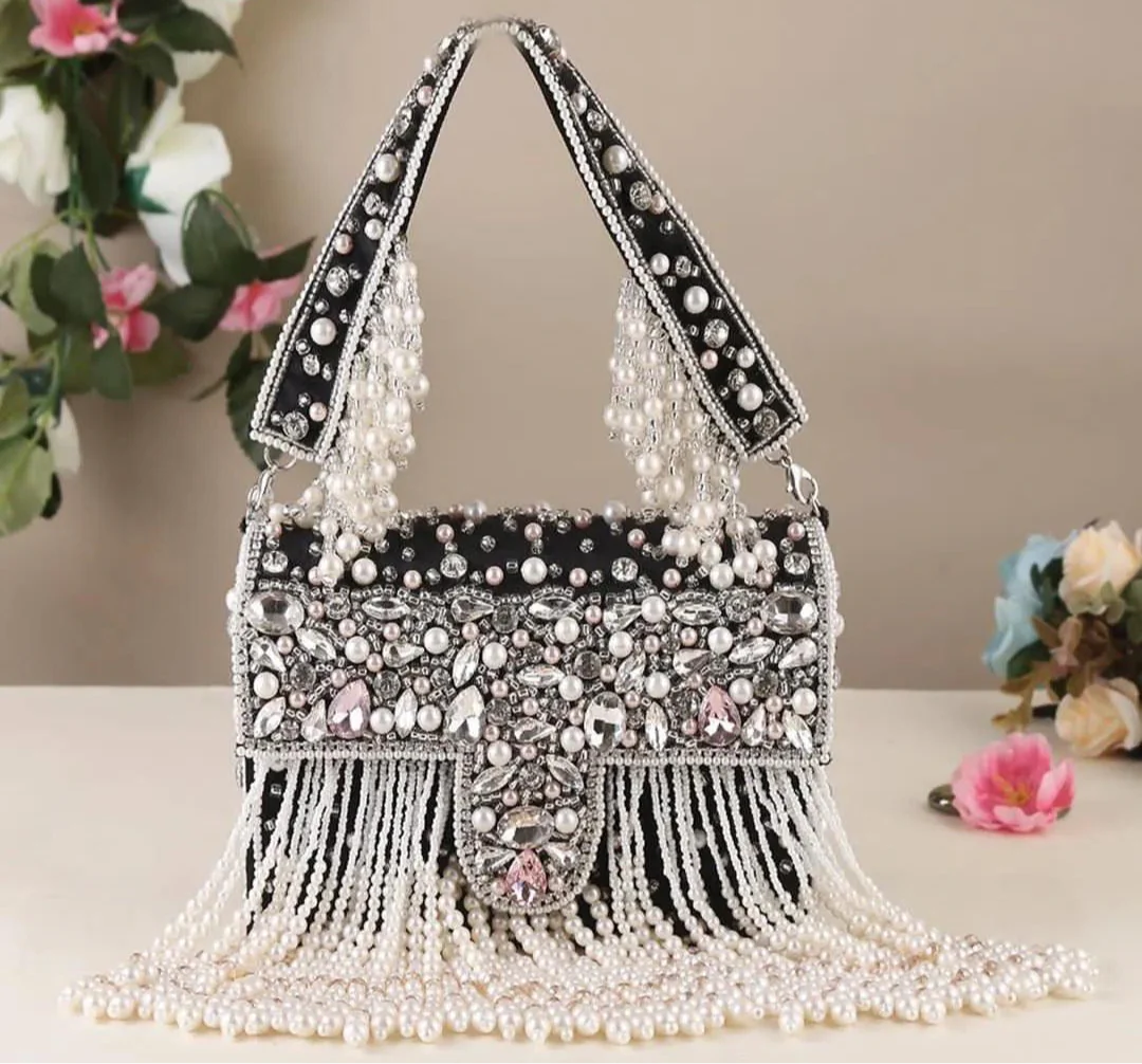 Black Charlie Rhinestone Pearl String Flap Clutch - Image 3