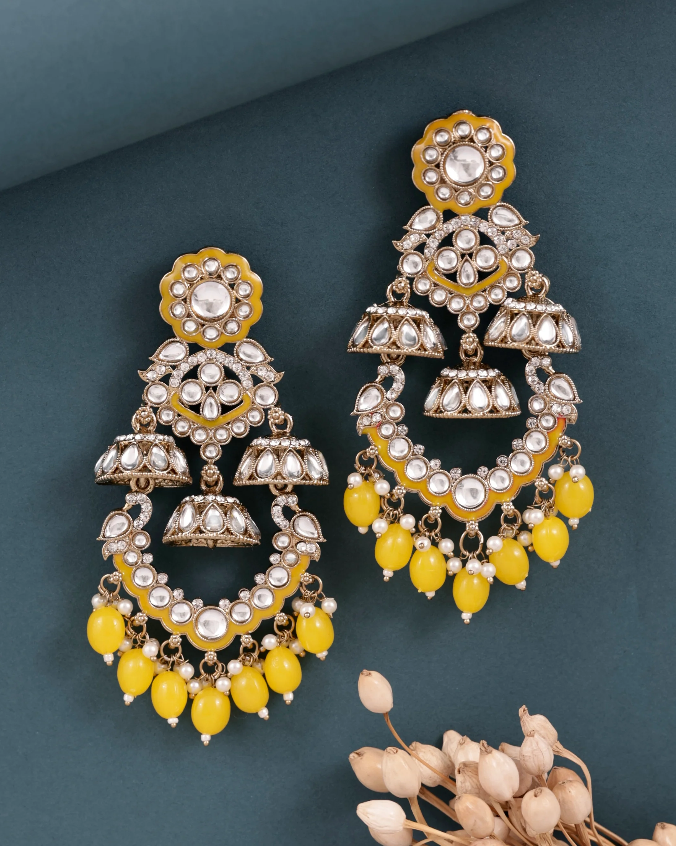 Yellow Taha Meenakari Zircon Jhumki Earring - Image 5