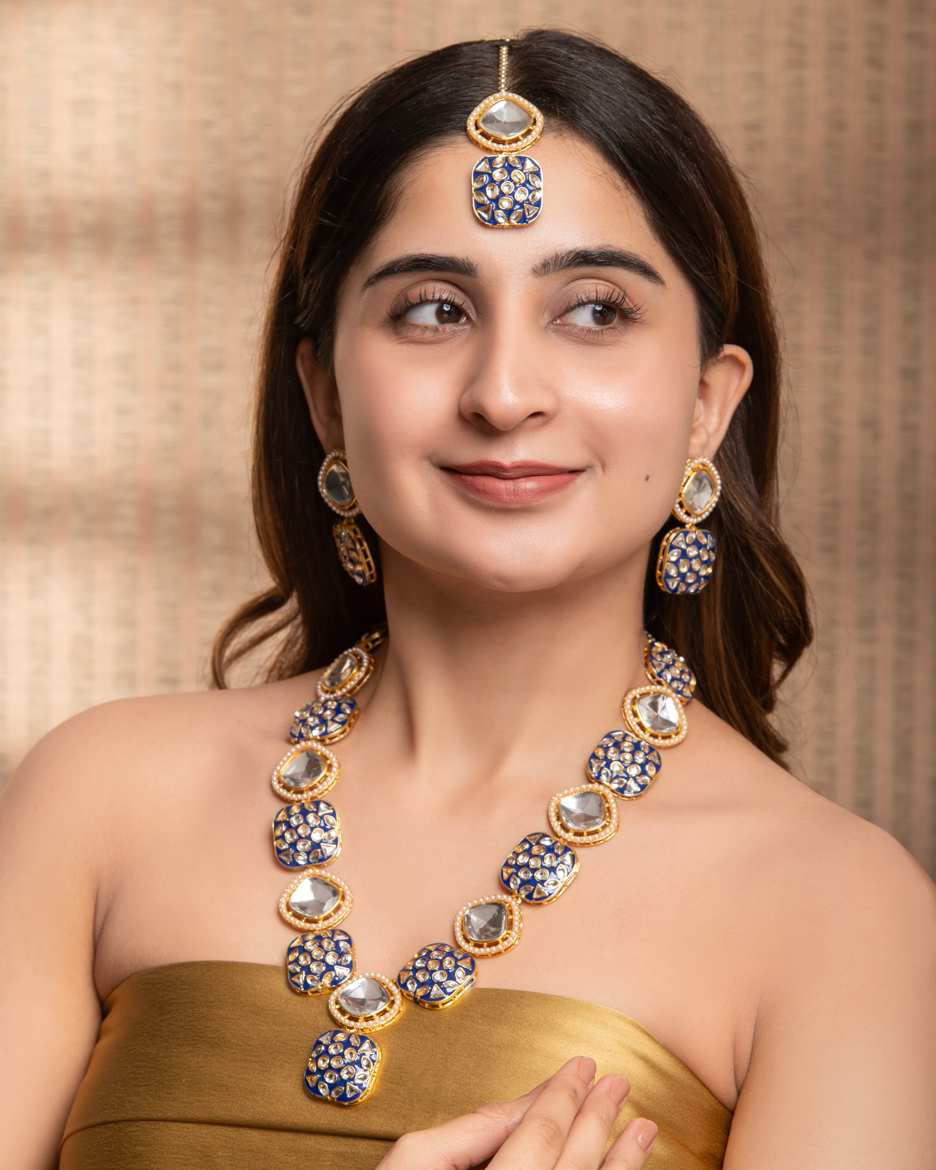 Blue Harleen Meenakari Long Necklace Set with Teeka and Earring - Image 3