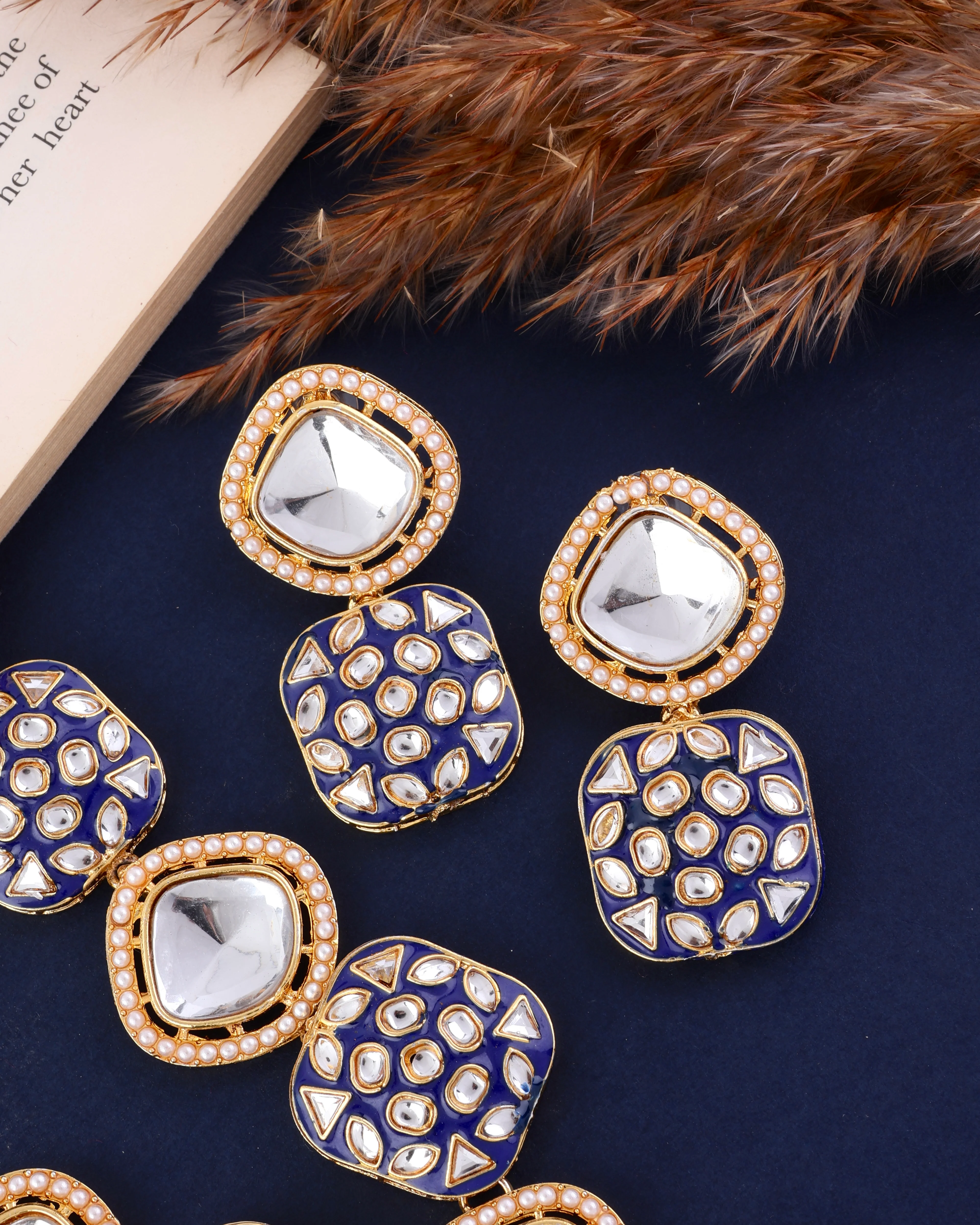 Blue Harleen Meenakari Long Necklace Set with Teeka and Earring - Image 4
