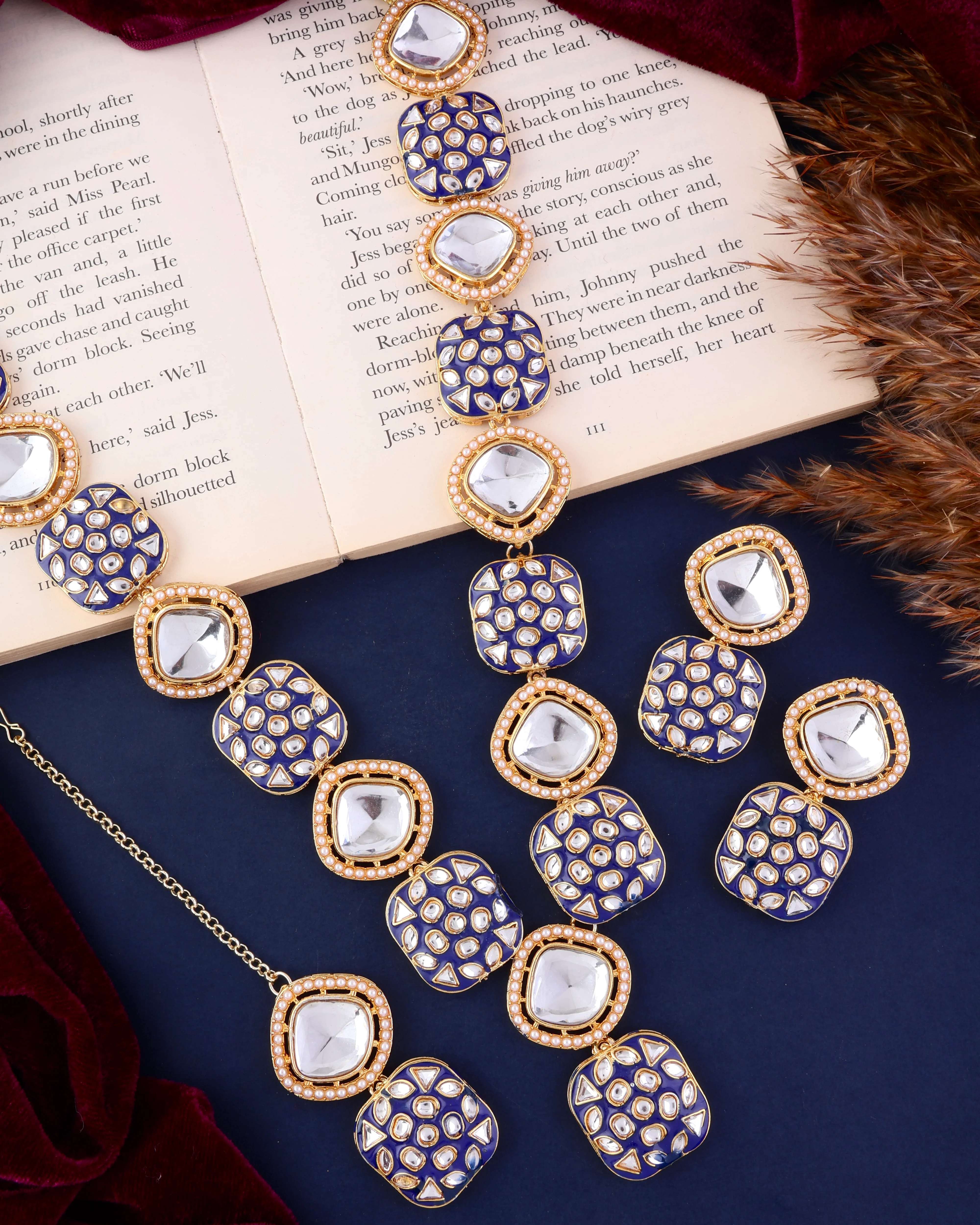 Blue Harleen Meenakari Long Necklace Set with Teeka and Earring - Image 5