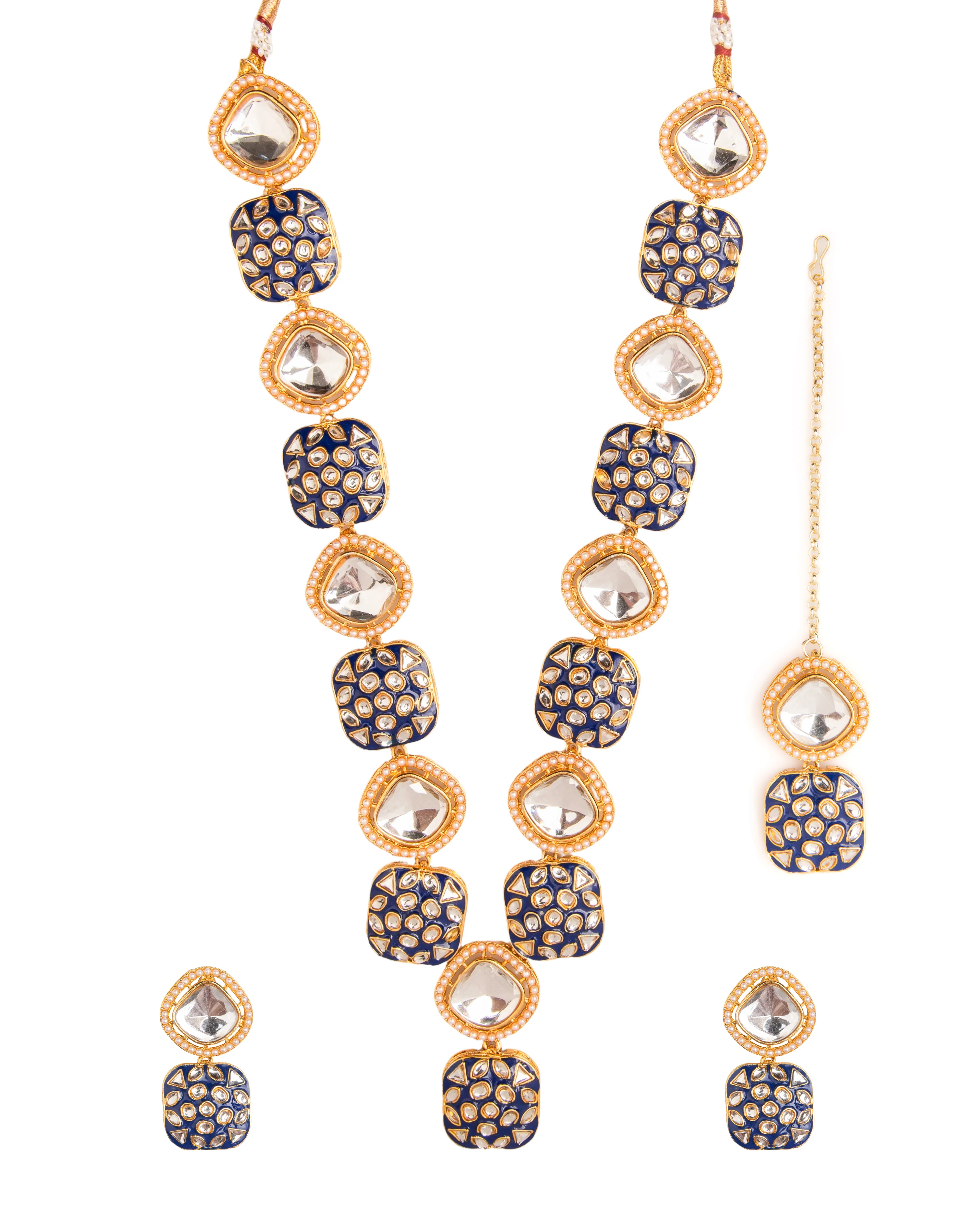 Blue Harleen Meenakari Long Necklace Set with Teeka and Earring - Image 6