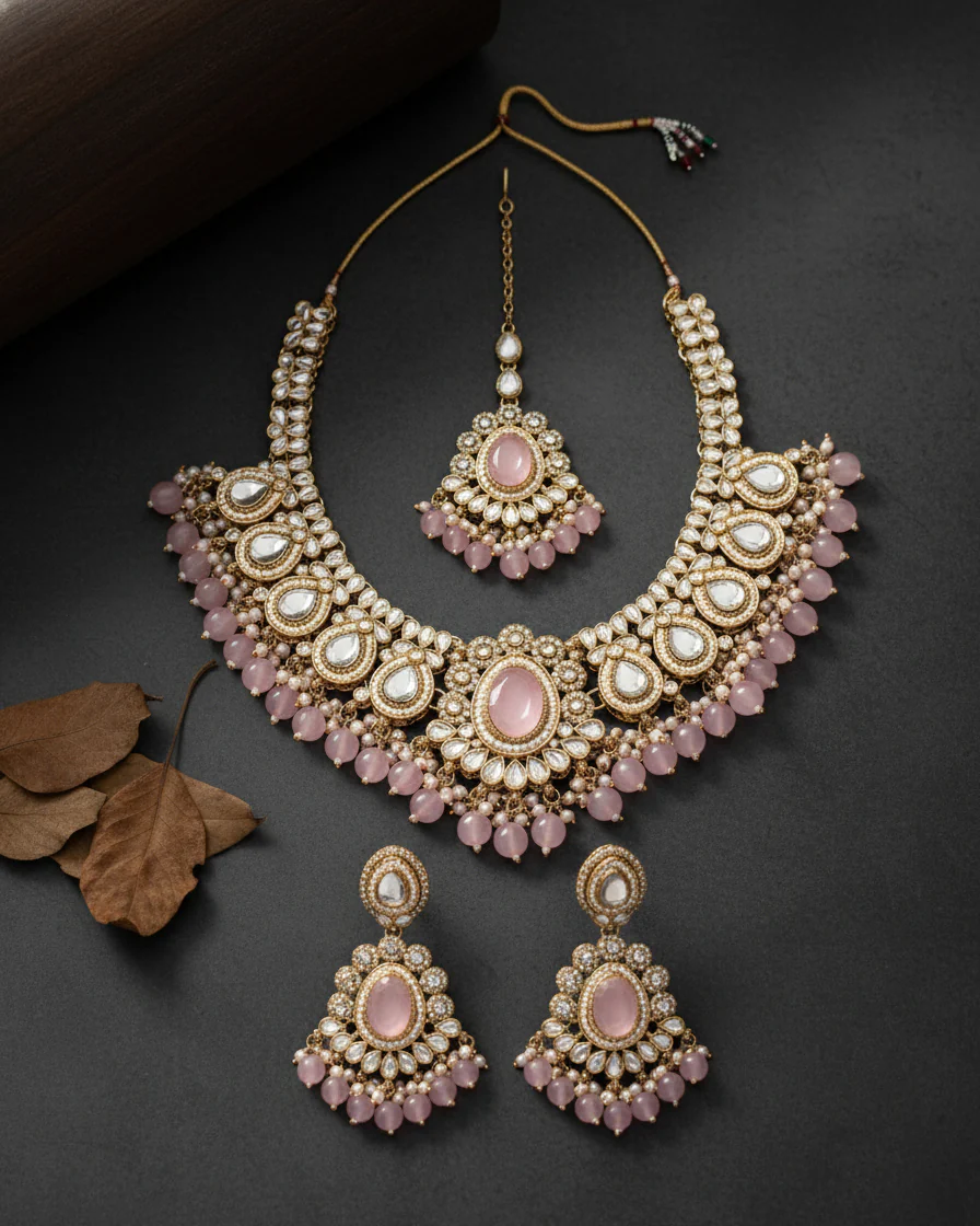 Blush Kavisha Premium Polki Dupe Necklace Set with Earring and Teeka - Image 4