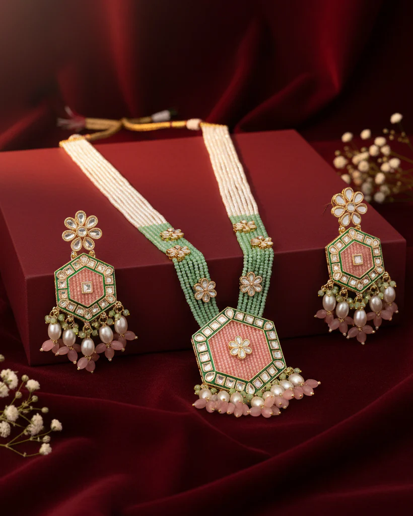 Blush Mint Neelika Long Necklace Set with Earring - Image 2