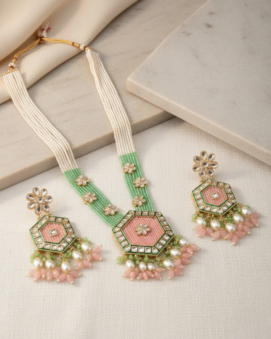 Blush Mint Neelika Long Necklace Set with Earring - Image 4