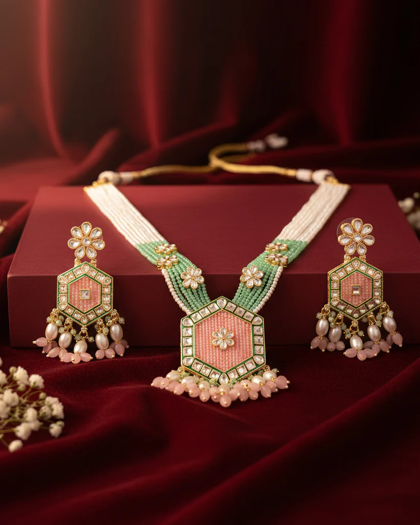 Blush Mint Neelika Long Necklace Set with Earring - Image 5