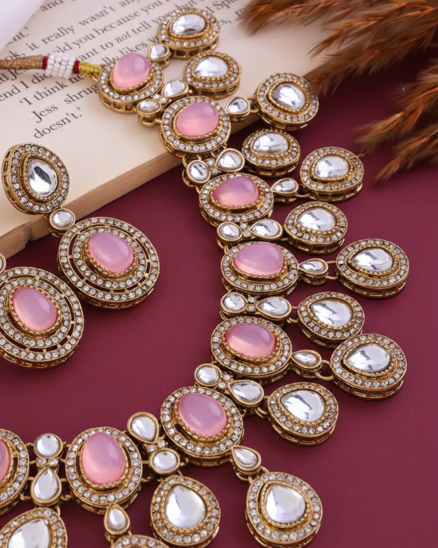 Blush Sehaj Premium Polki Dupe Necklace with Earring and Teeka - Image 4