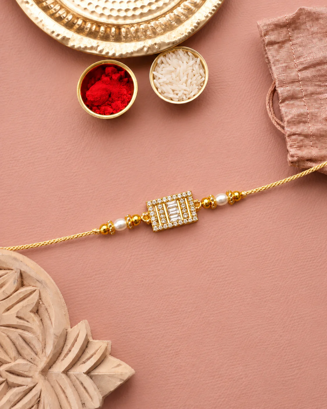Gold Carolina Diamond Rakhi For Brother | Tilak Set Included - Image 2