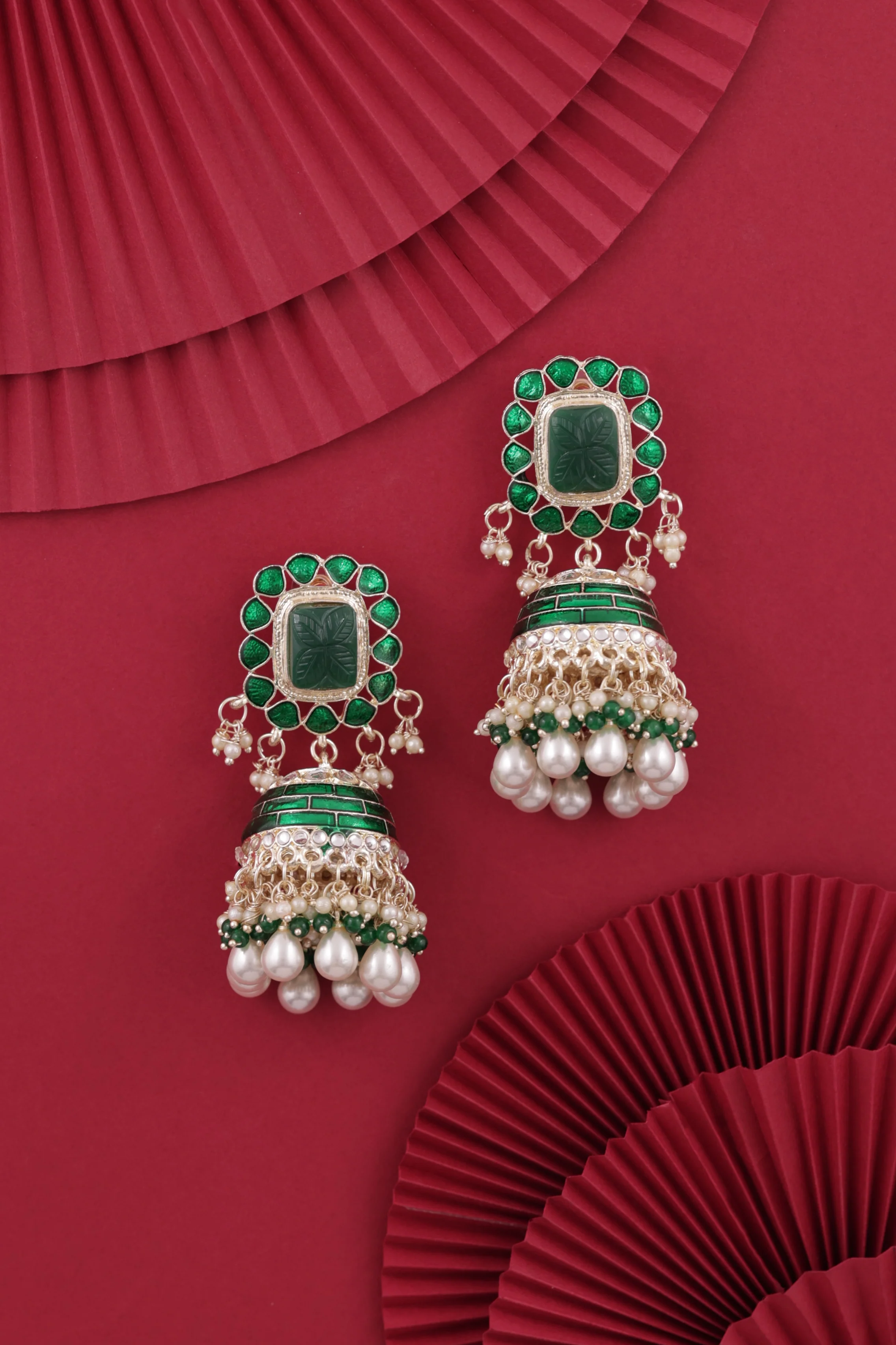 Dark Green Trinaya Meenakari Jhumka - Image 2