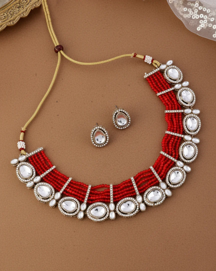 Red Darvesh Zircone Polki Dupe Pearl Necklace with Earring - Image 4