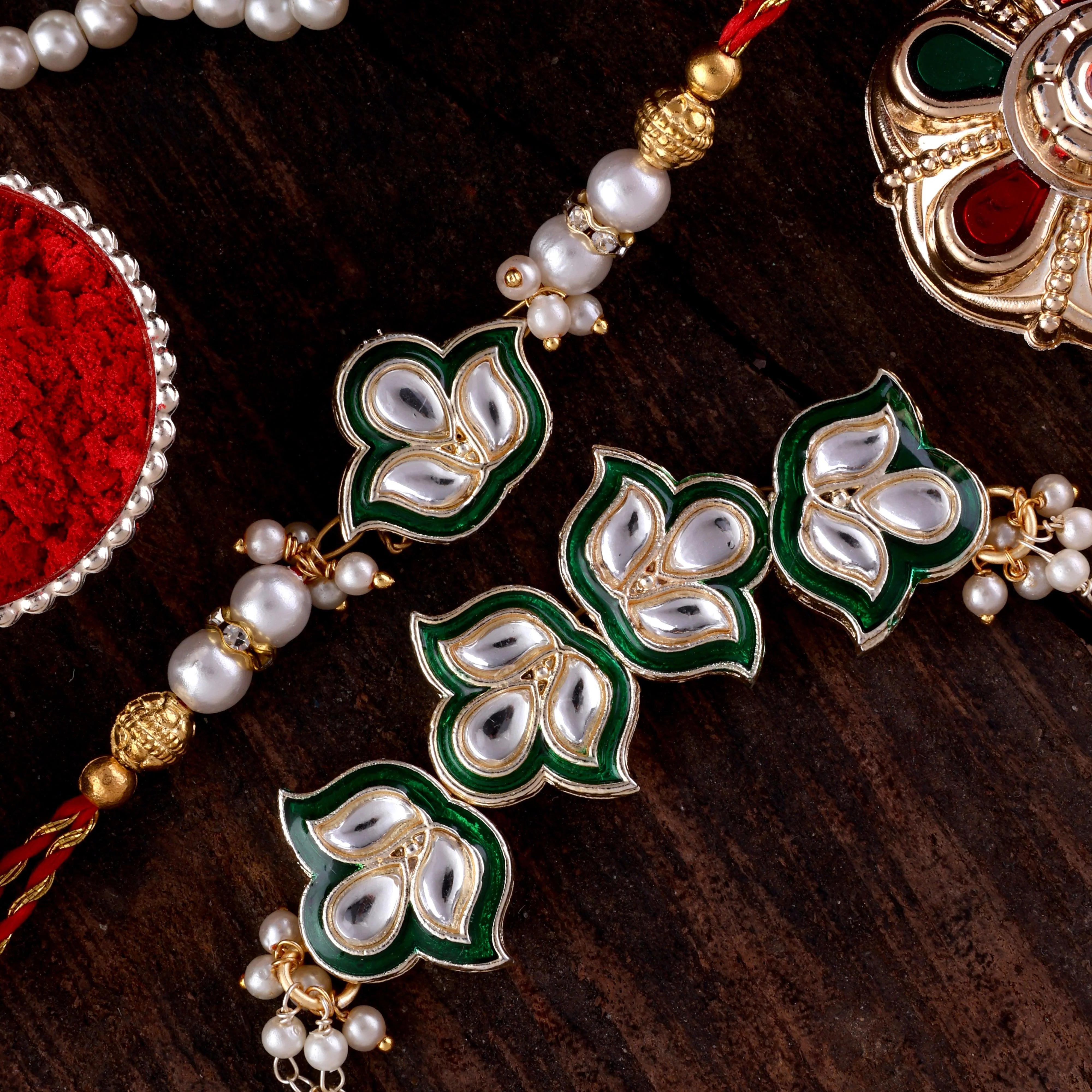 Green Devina Bhaiya Bhabhi Rakhi with Tilak Set and Card - Image 3