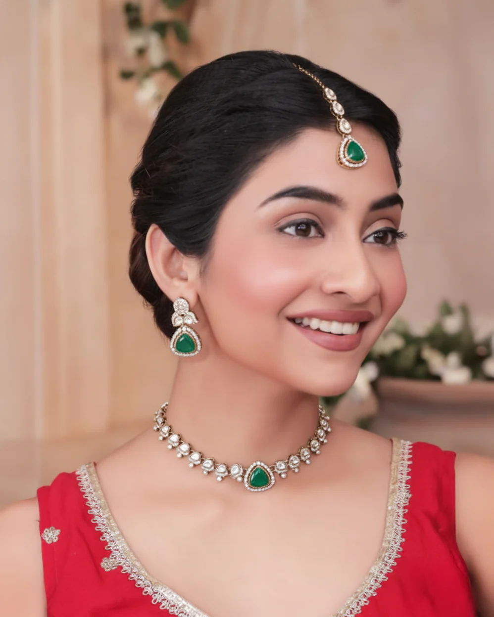 Emerald Adhvika Designer Monalisa and Zircone Necklace Set with Earring & Teeka - Image 6