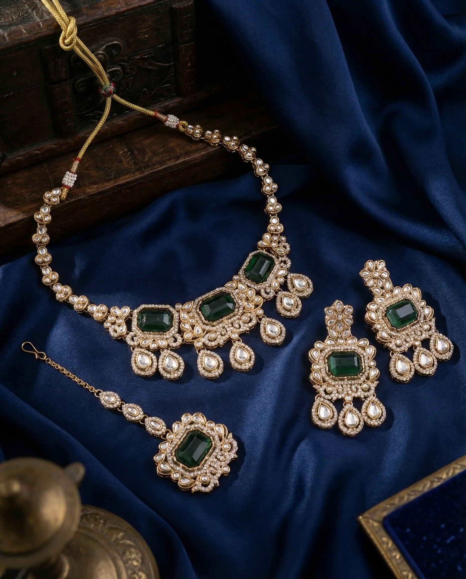 Emerald Harshika Premium Zircone Polki Dupe Necklace Set - Image 3