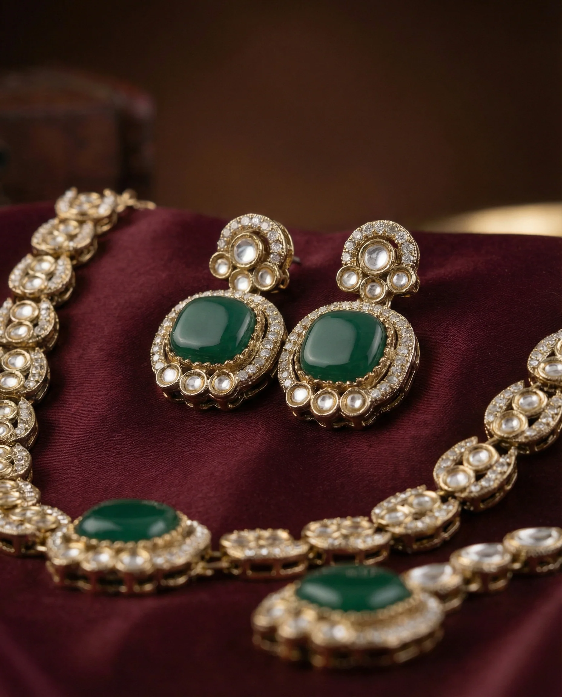 Emerald Manvika Designer Monalisa and Zircone Necklace Set with Earring & Teeka - Image 3