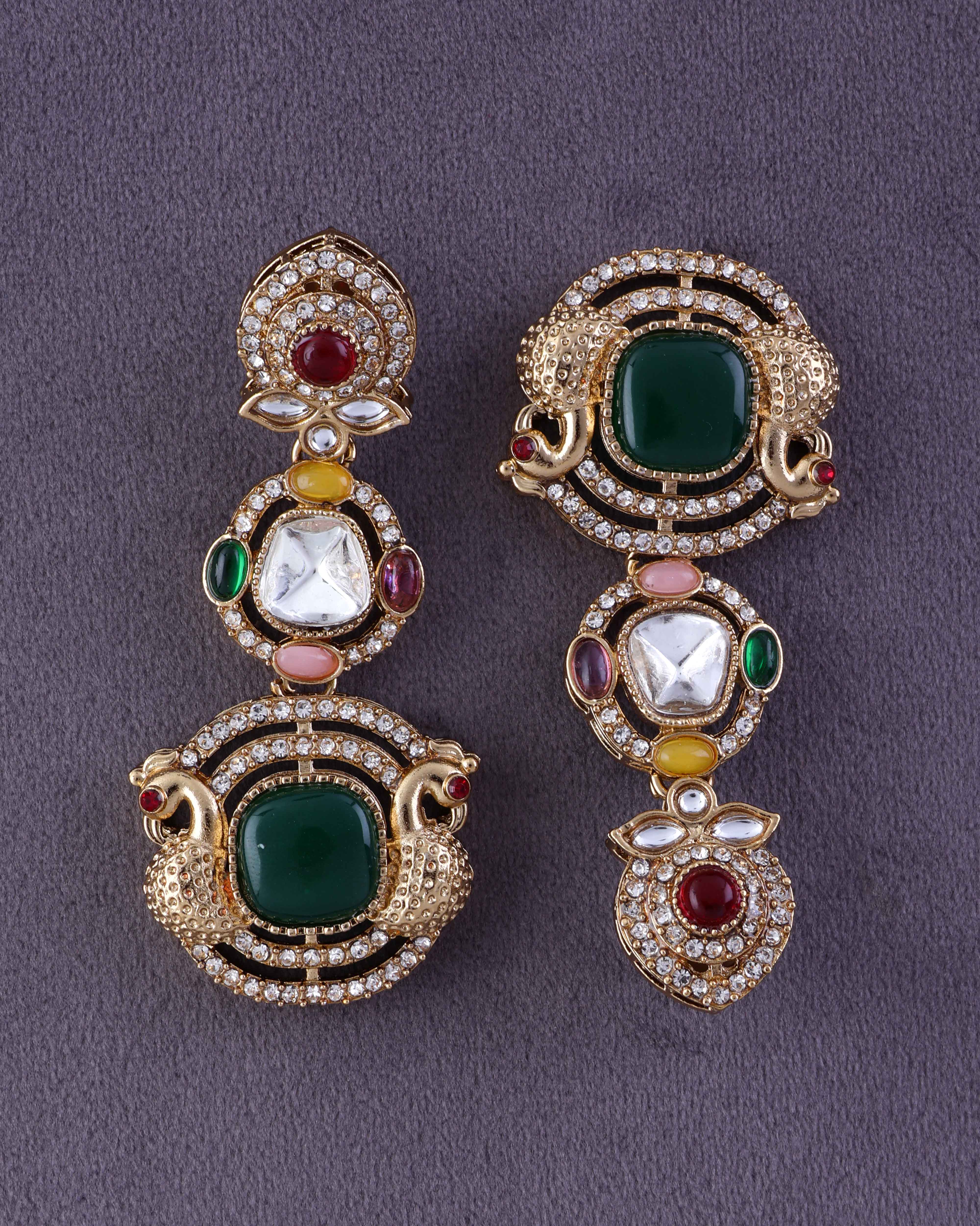 Emerald Sifat Premium Designer Zircone Polki Dupe Earring - Image 3