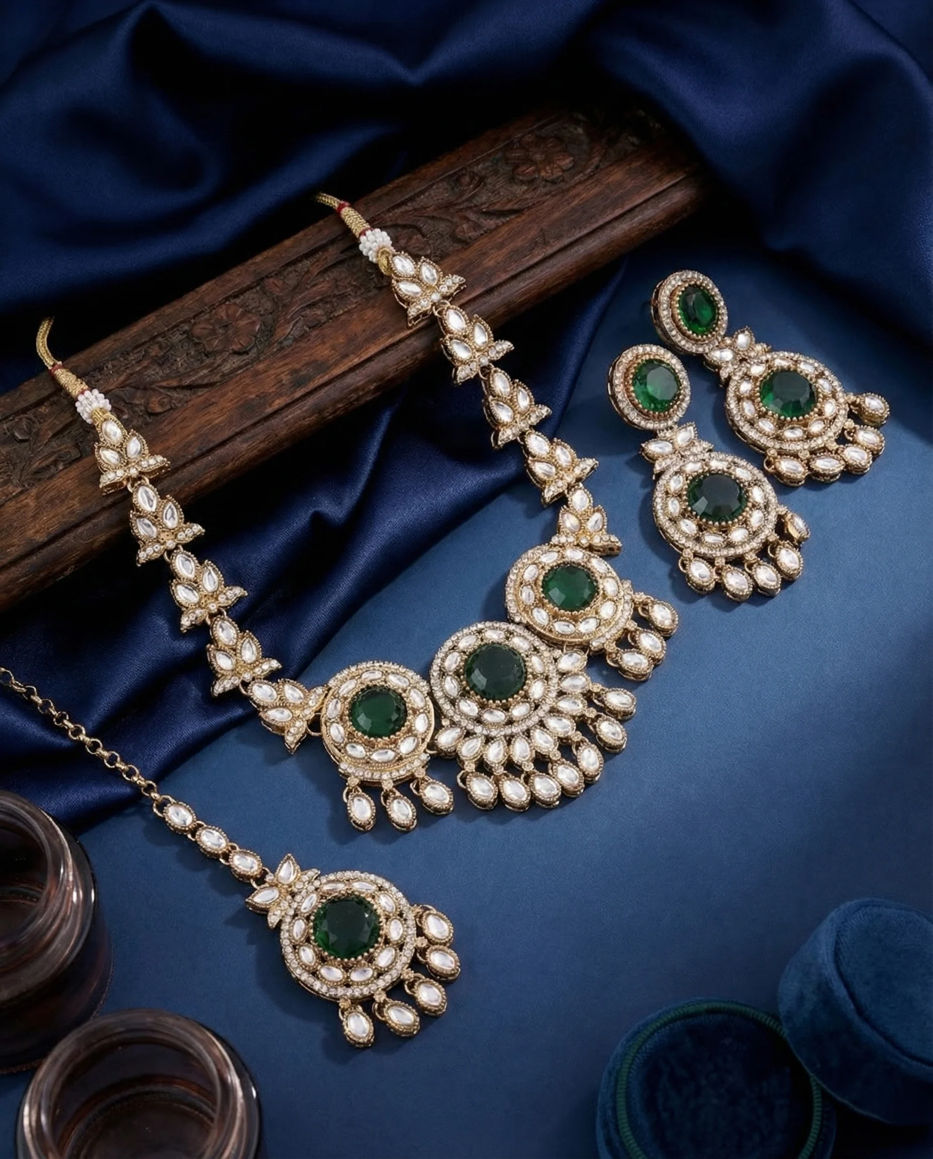 Emerald Subhashree Premium Zircone Polki Dupe Necklace Set - Image 2