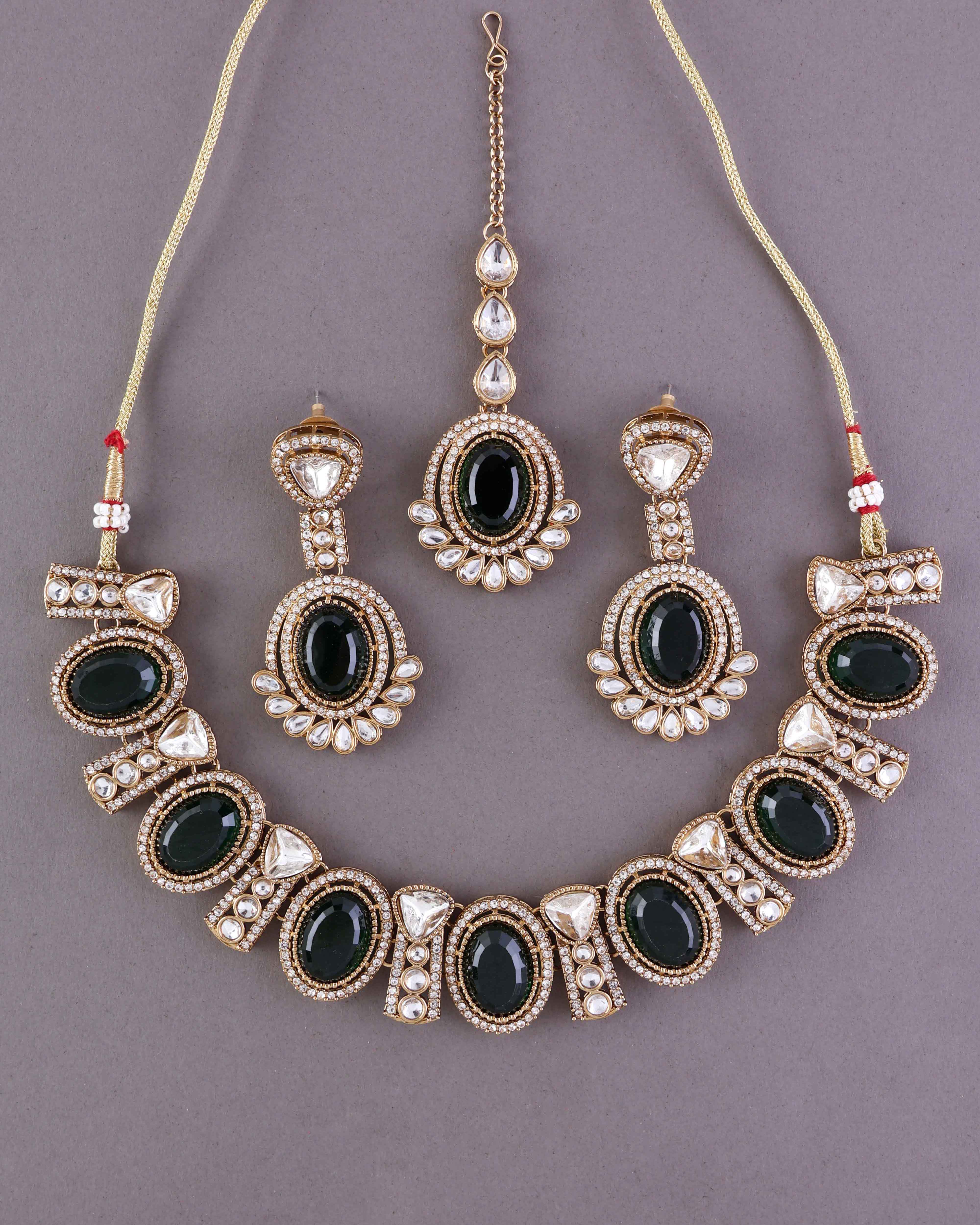 Emerald Taruja Premium Polki Dupe Necklace with Earring and Mangteeka - Image 9