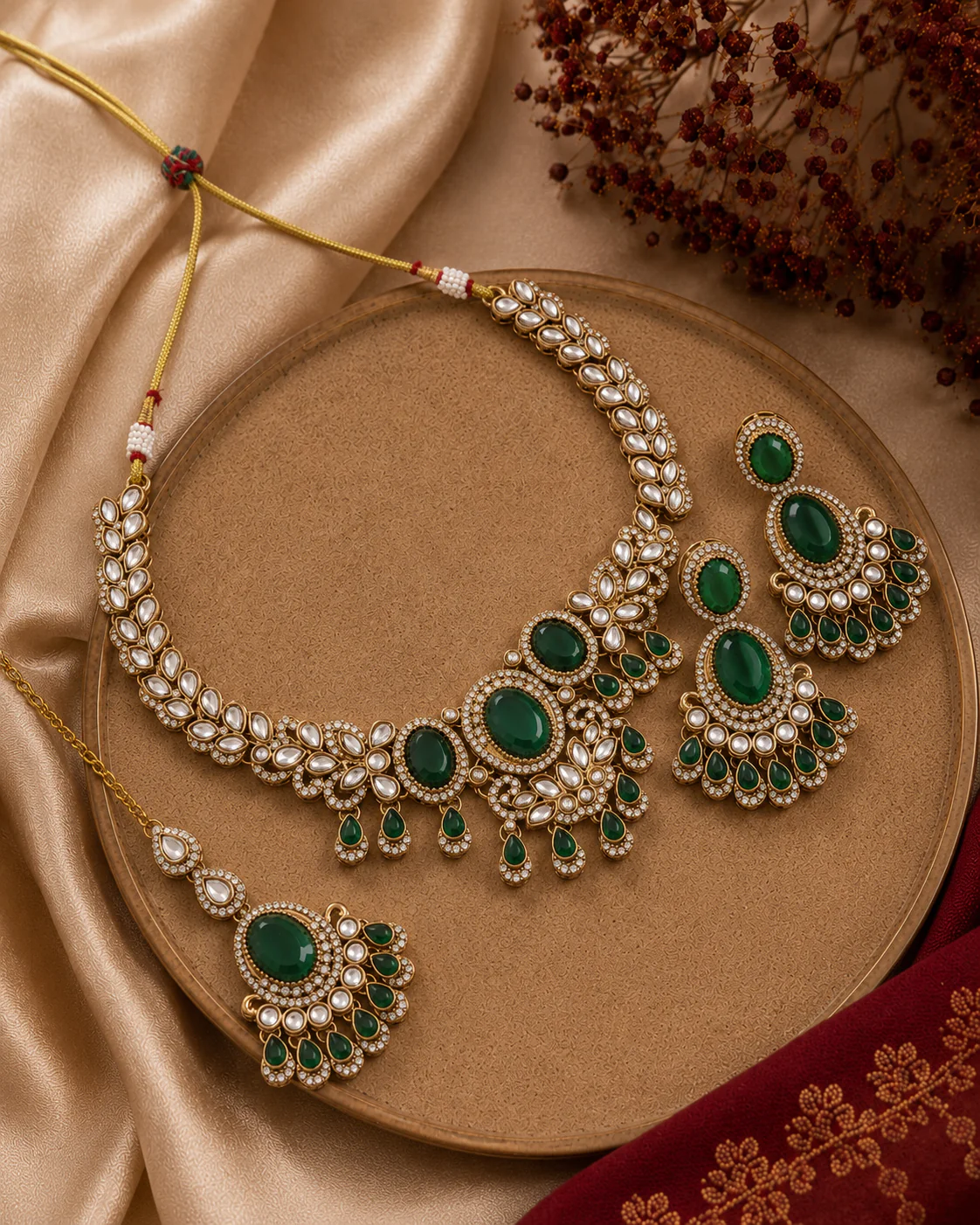 Emerald Yuvrani Premium Polki Dupe Necklace with Earring and Mangteeka - Image 2