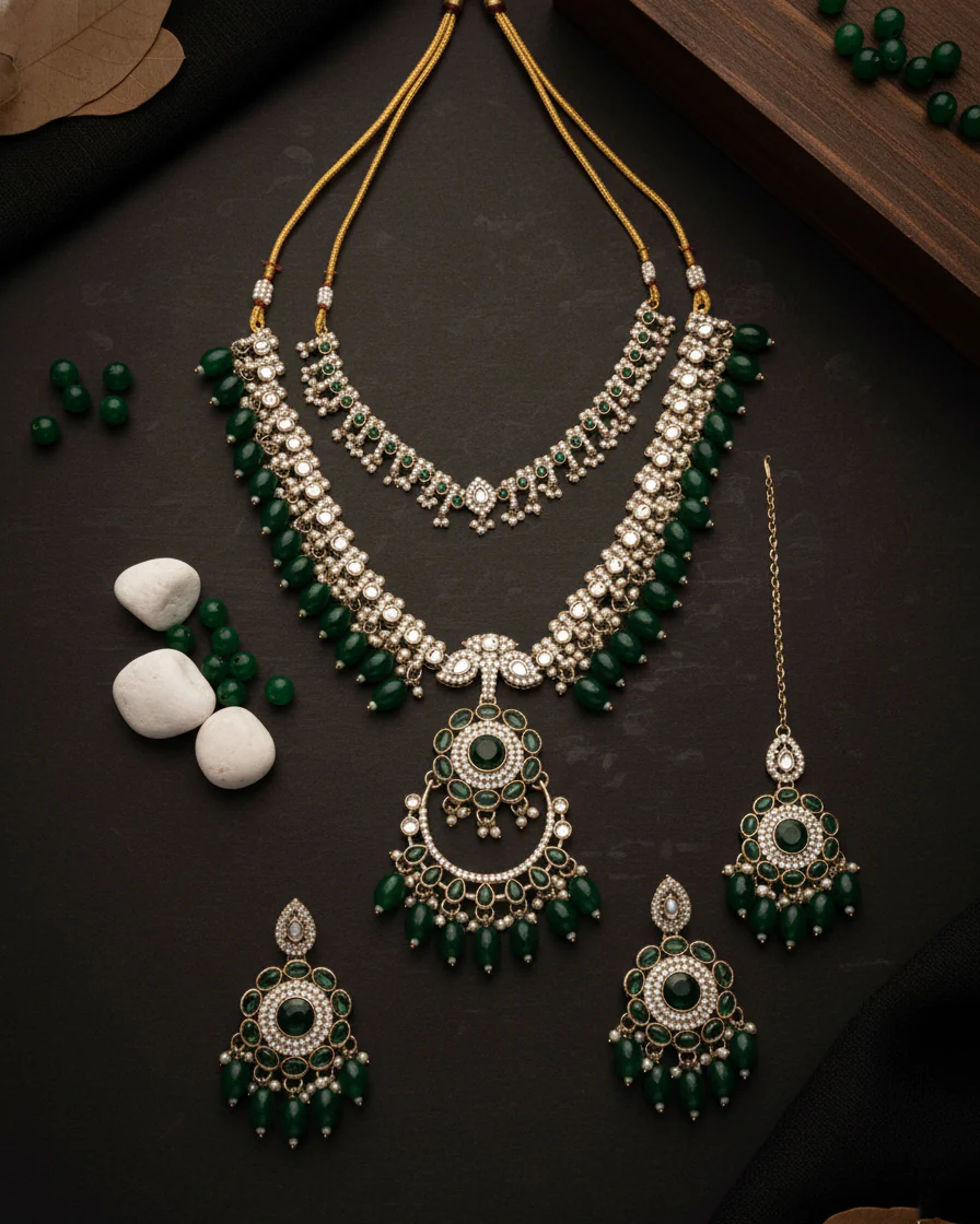 Green Aanvir Layer Necklace With Earring & Teeka - Image 4