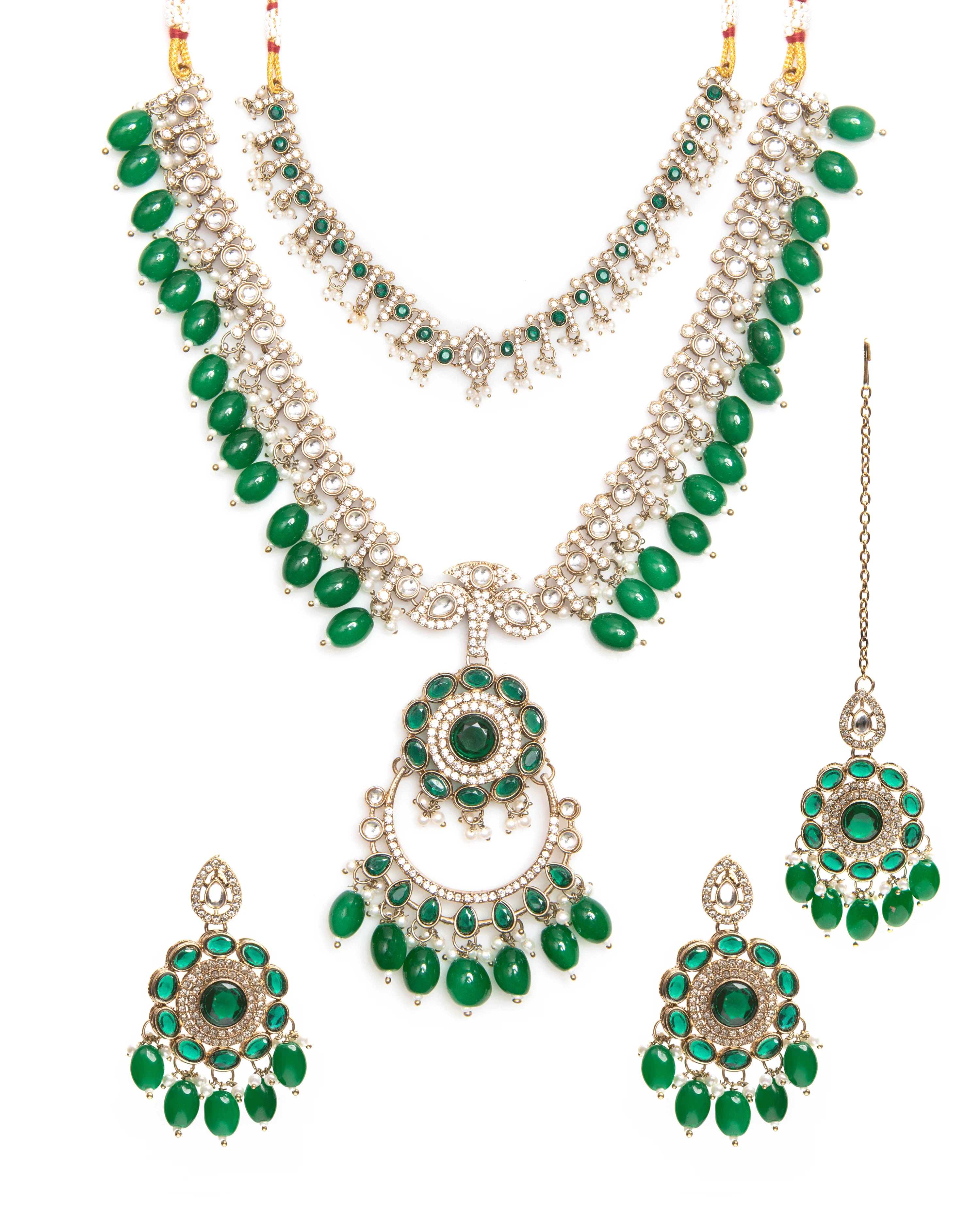 Green Aanvir Layer Necklace With Earring & Teeka - Image 5