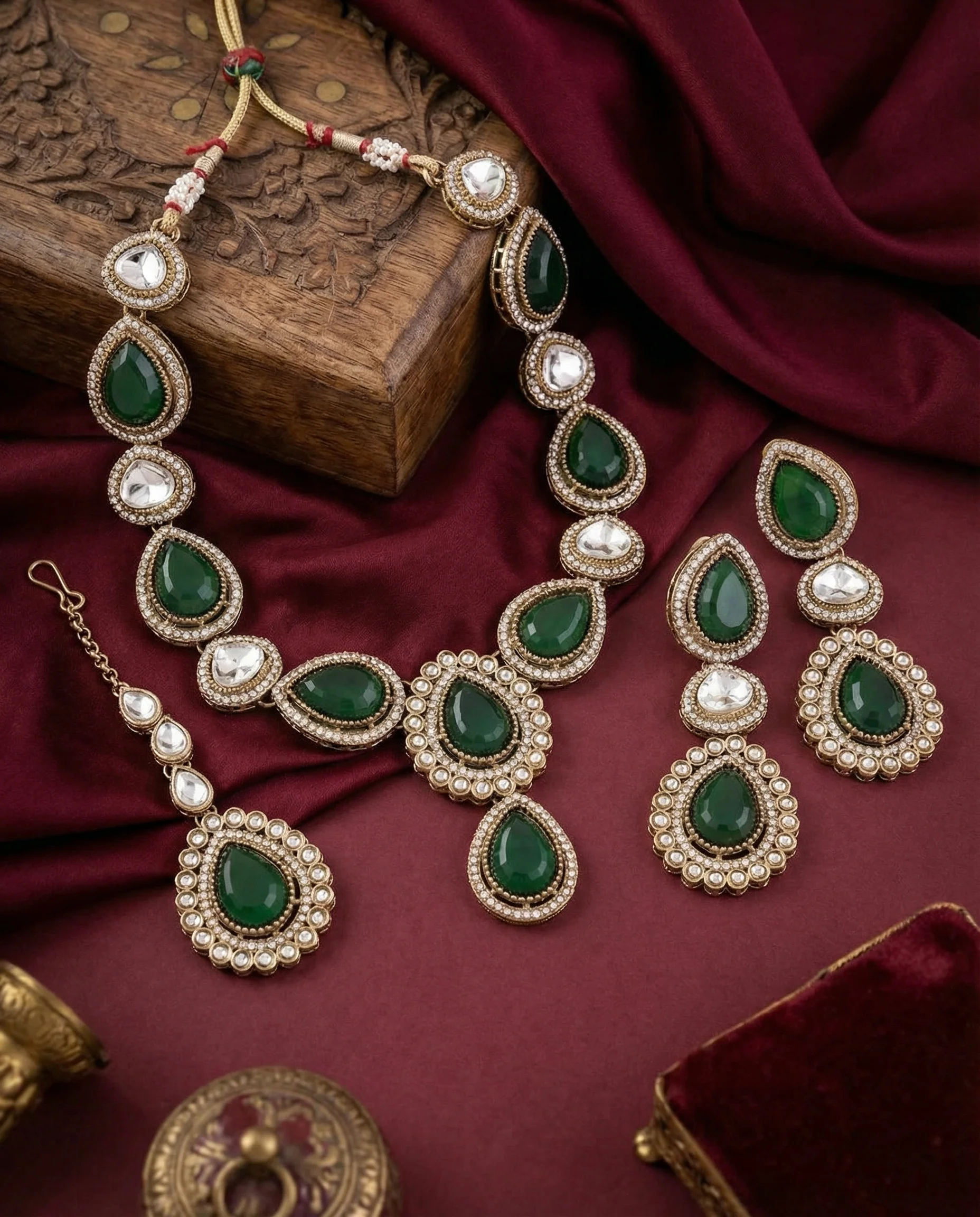 Green Amani Premium Designer Zircone Polki Dupe Necklace With Earring & Teeka - Image 2