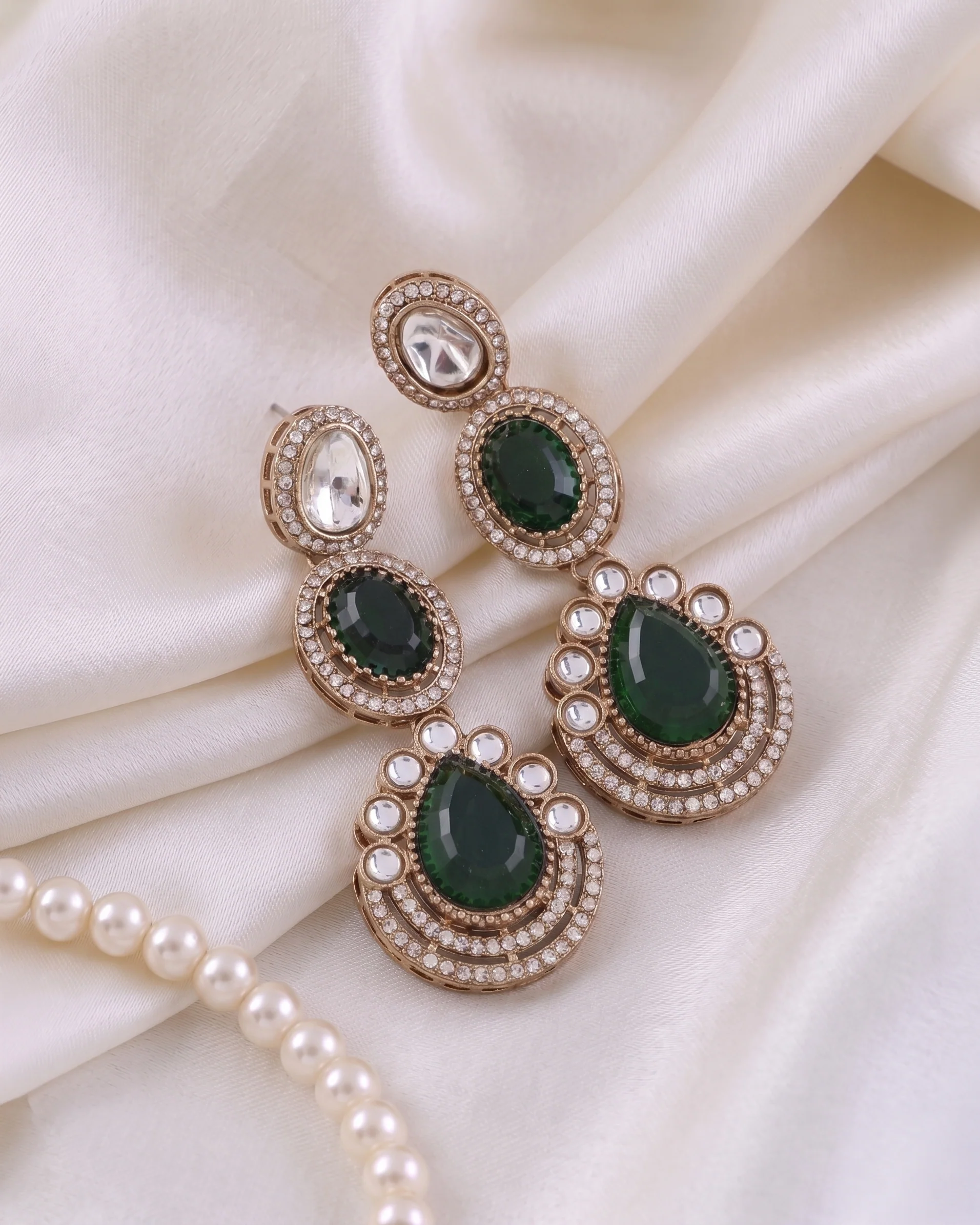 Green Amreen Premium Designer Zircone Polki Dupe Earring - Image 3