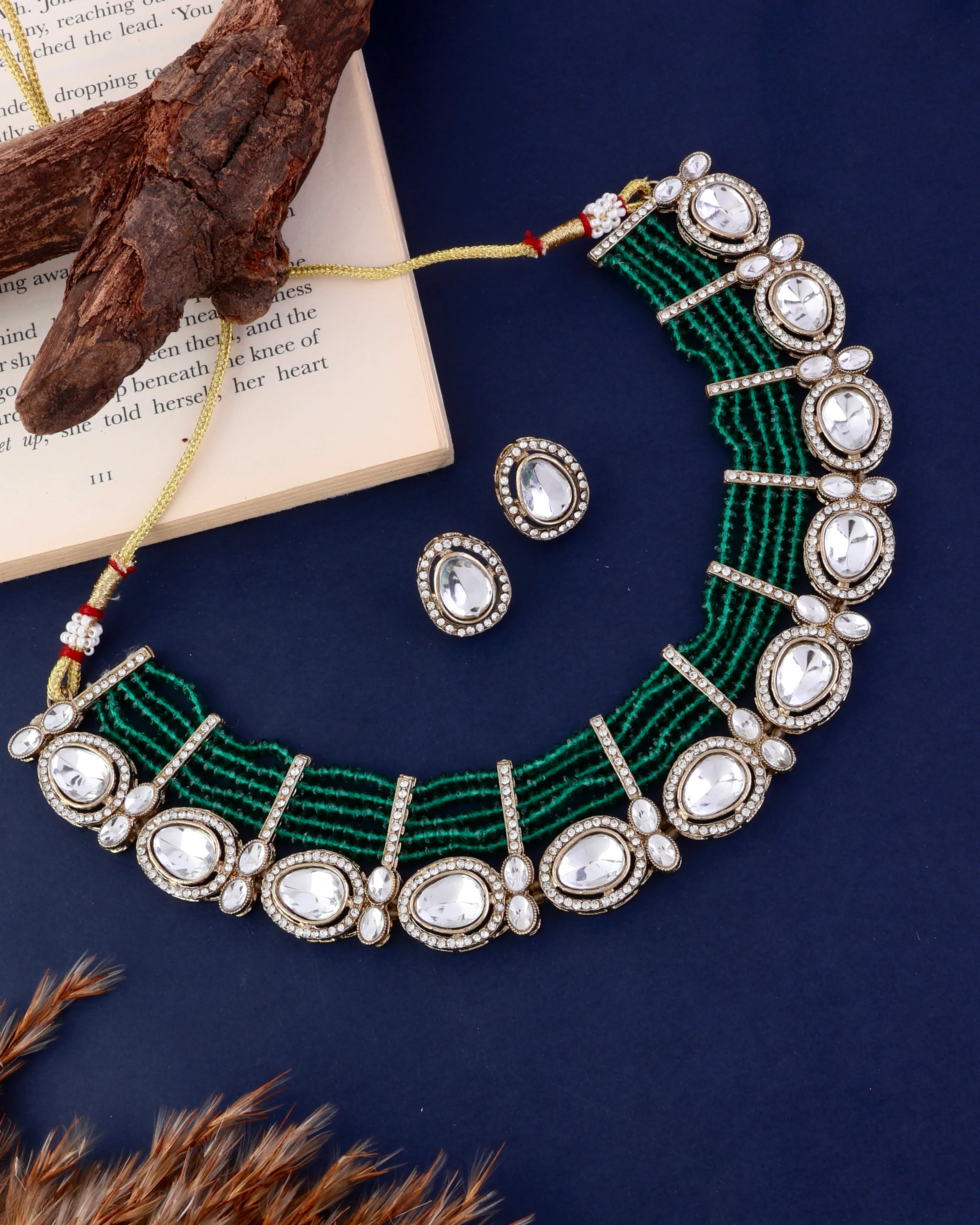 Green Darvesh Zircone Polki Dupe Pearl Necklace with Earring