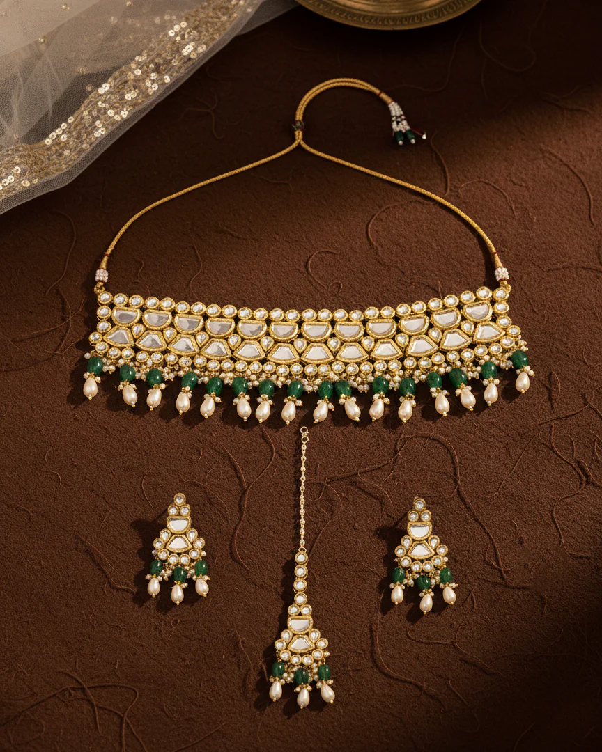 Green Guranshi Dabi Kundan Choker Necklace with Earring and Mangteeka - Image 5