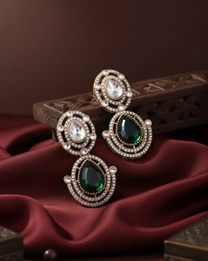 Green Hania Premium Designer Zircone Polki Dupe Earring - Image 3