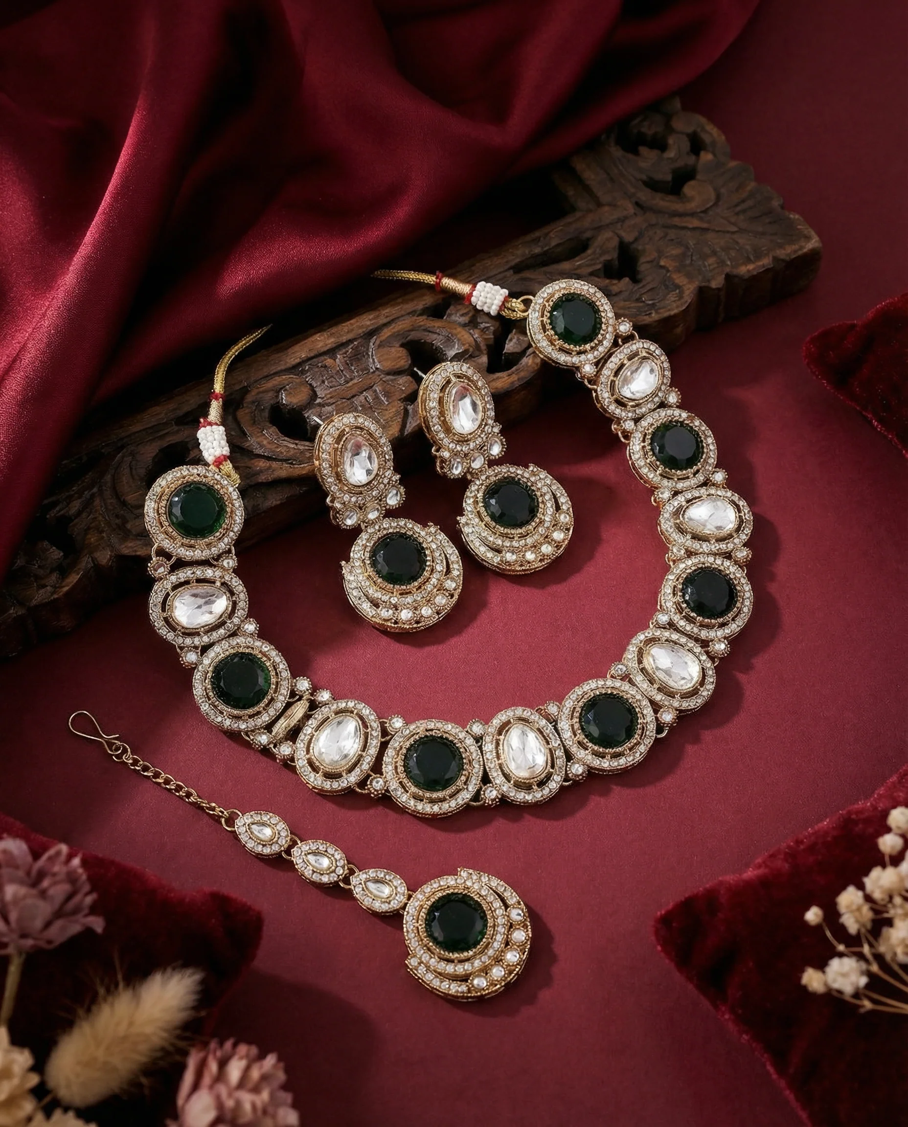 Green Jasnain Premium Polki Dupe Necklace with Earring and Mangteeka
