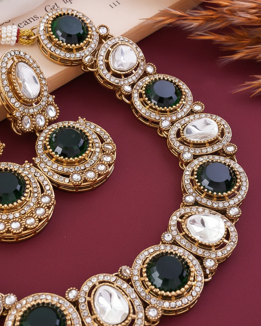 Green Jasnain Premium Polki Dupe Necklace with Earring and Mangteeka - Image 5