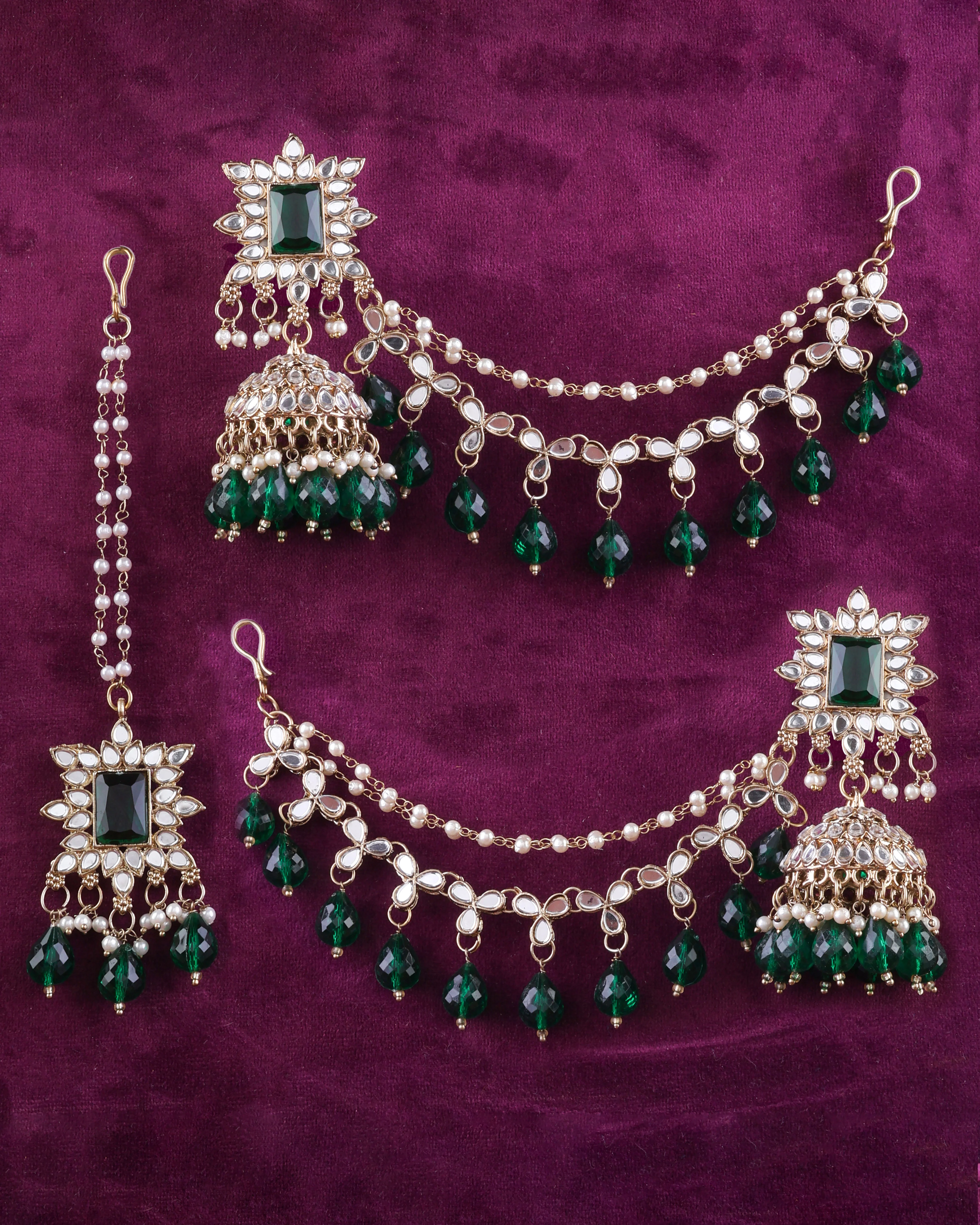 Green Kaur Mirror Bahubali Jhumka with Statement Kaan Chain and Teeka - Image 3