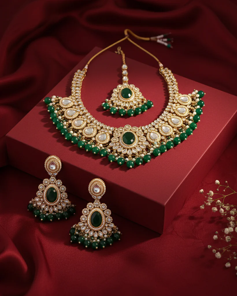 Green Kavisha Premium Polki Dupe Necklace Set with Earring and Teeka - Image 2
