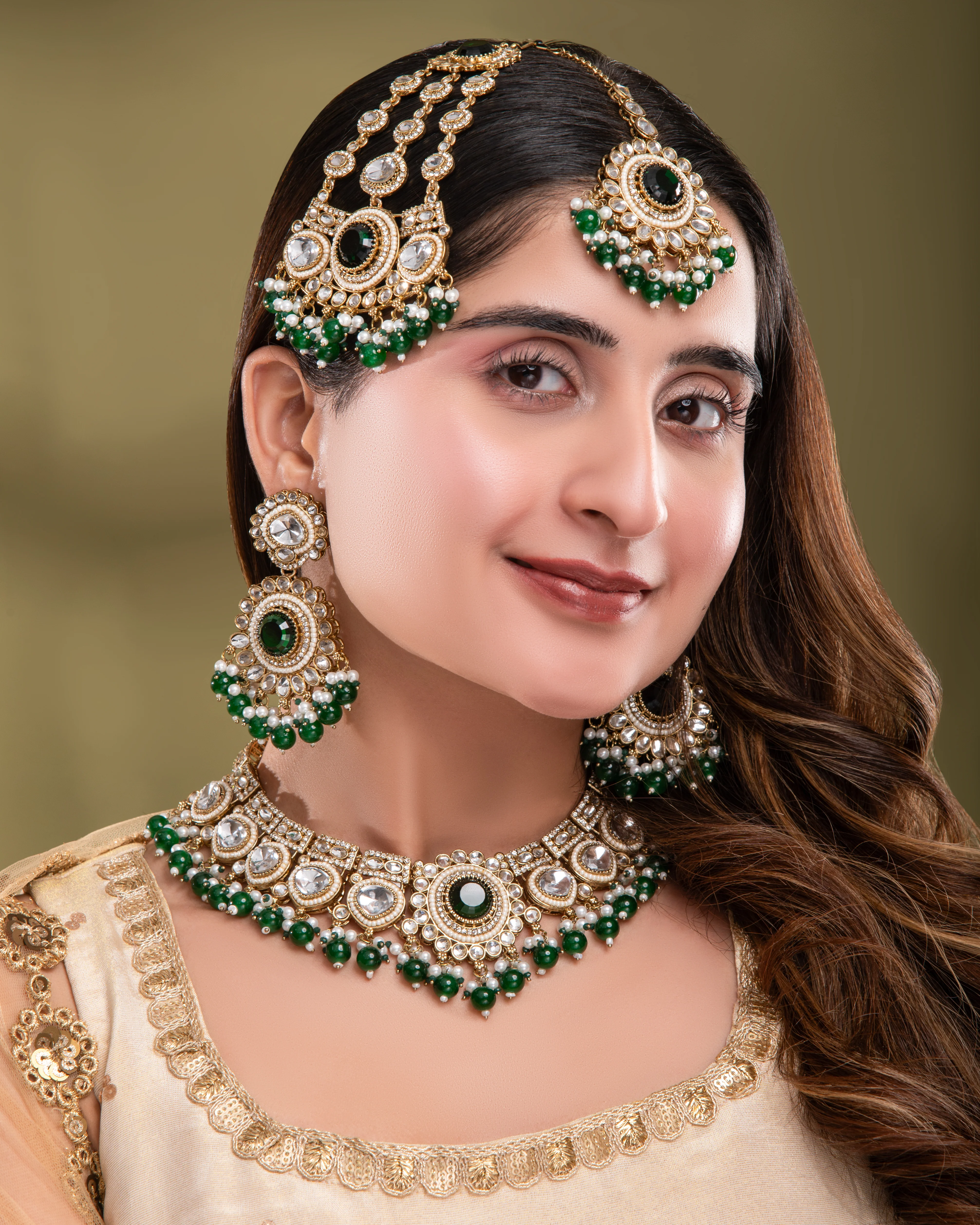Green Laviza Premium Polki Dupe Necklace Earring with Teeka and Side Jhumar/Passa