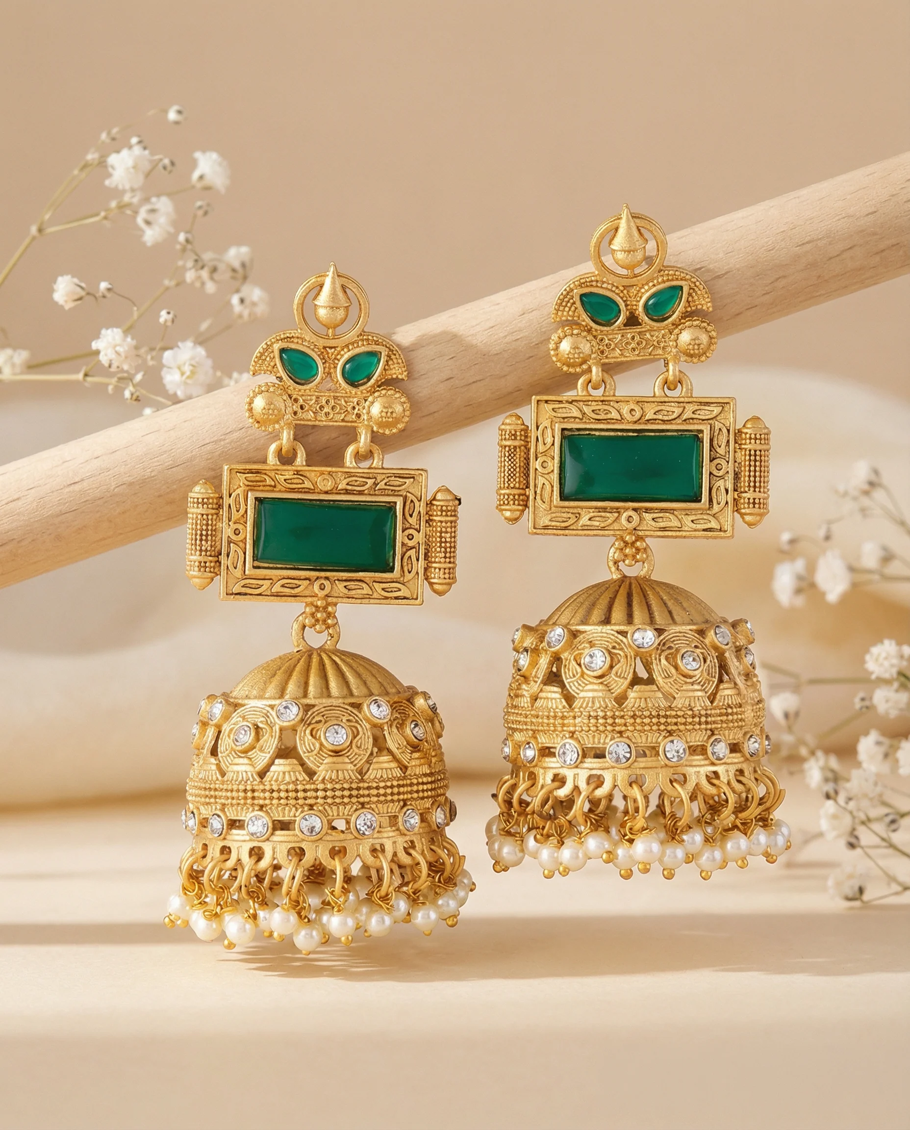 Green Mrighosh Premium Kashmiri Brass Lookalike Jhumka Earring - Image 3