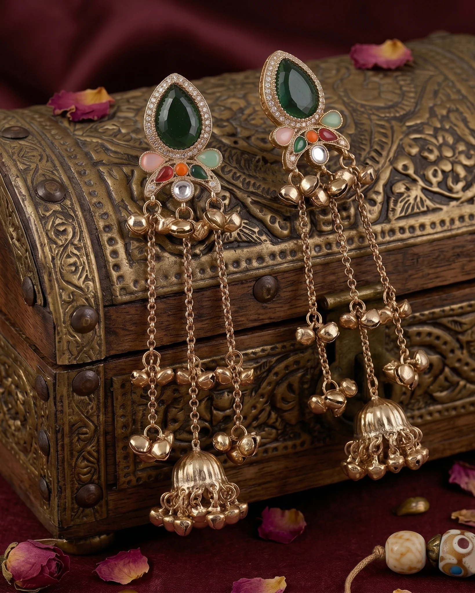 Green Multi Nidhi Kashmiri Look Ghunghru Jhumka Earring - Image 2
