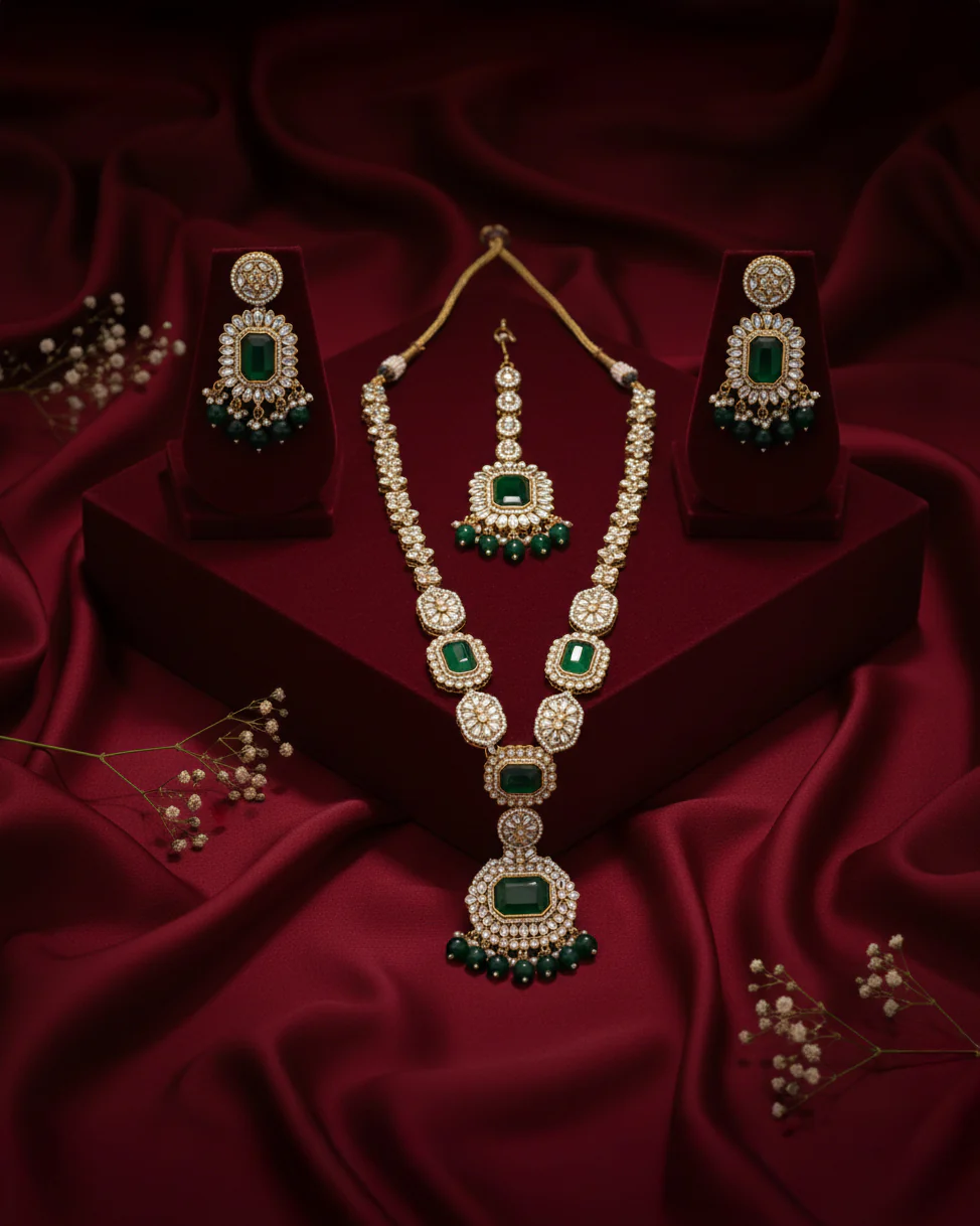 Green Naavir Premium Polki Dupe Long Necklace with Earring and Teeka - Image 2