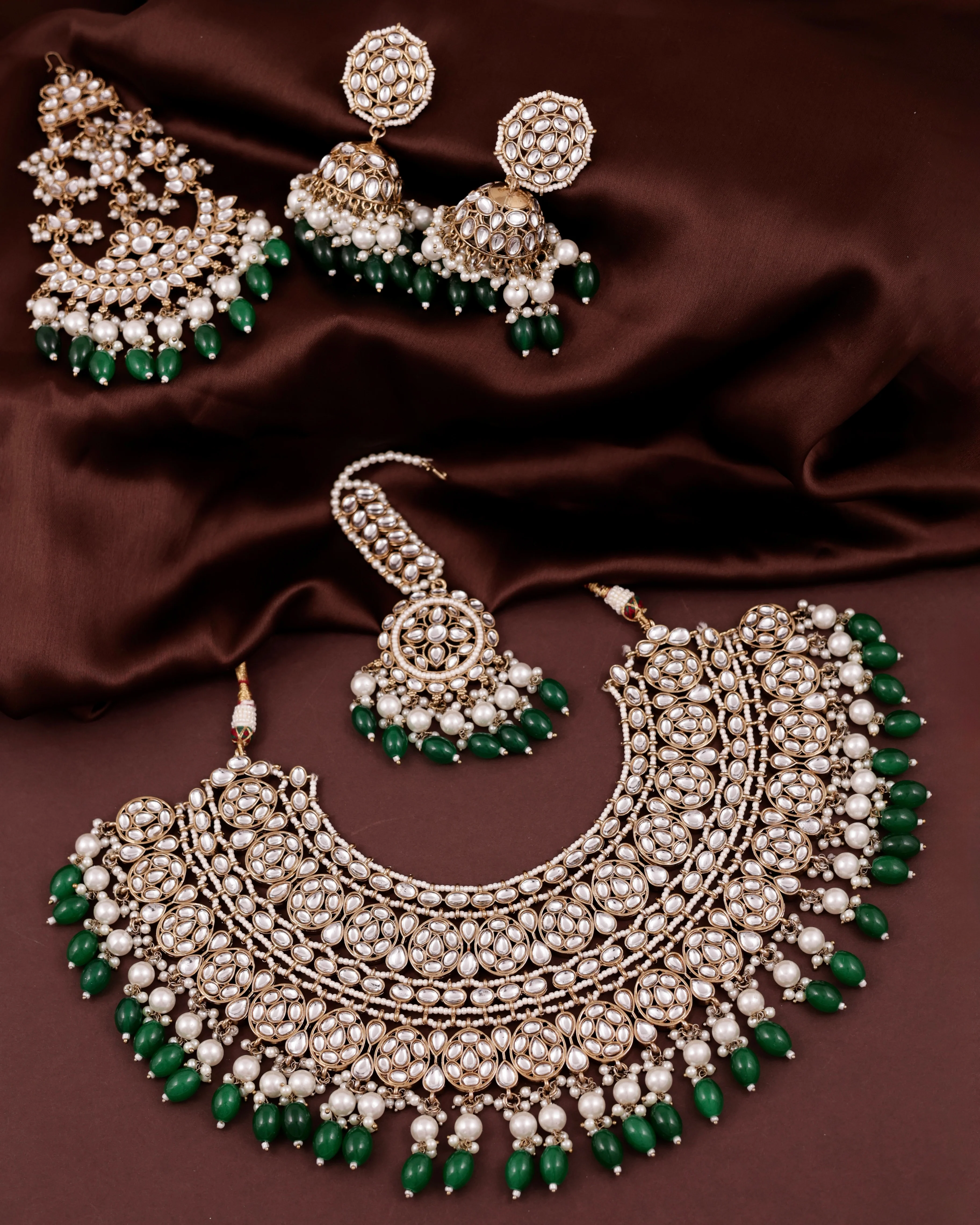 Green Navneet Statement Necklace Earring with Teeka and Side Jhumar/Passa - Image 2