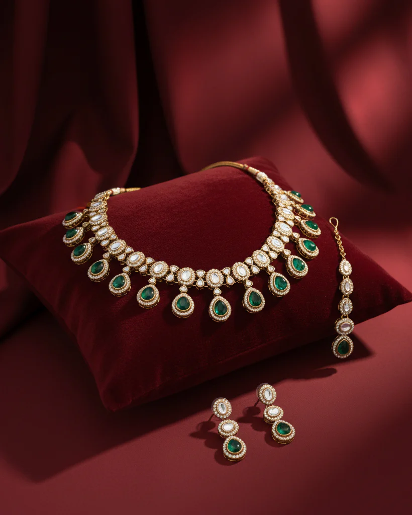 Green Nivaya Premium Polki Dupe Necklace with Earring and Teeka - Image 3