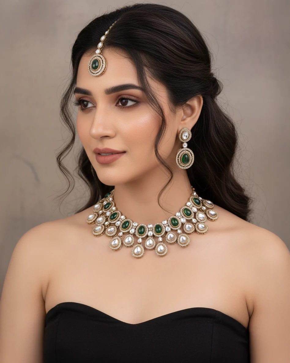 Green Sehaj Premium Polki Dupe Necklace with Earring and Teeka - Image 4