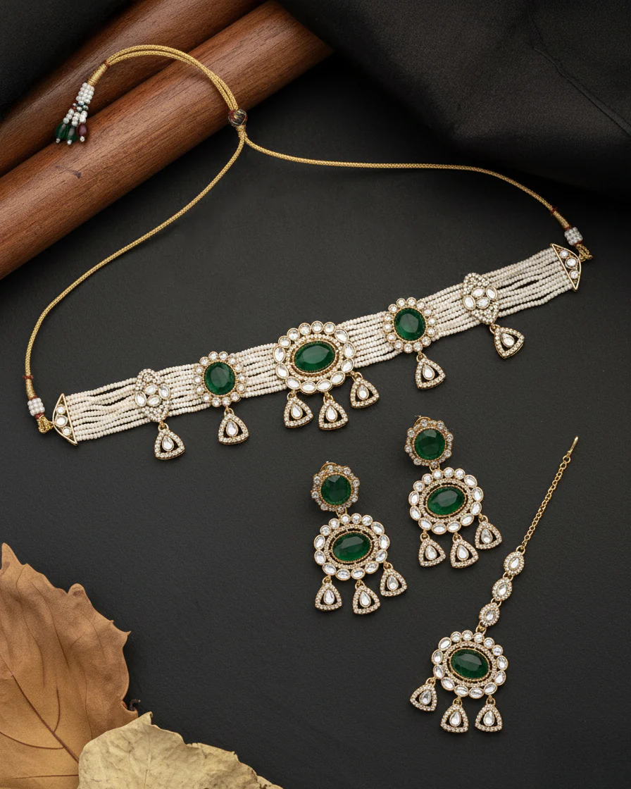 Green Suhen Premium Polki Dupe Choker Necklace With Earring & Teeka - Image 5