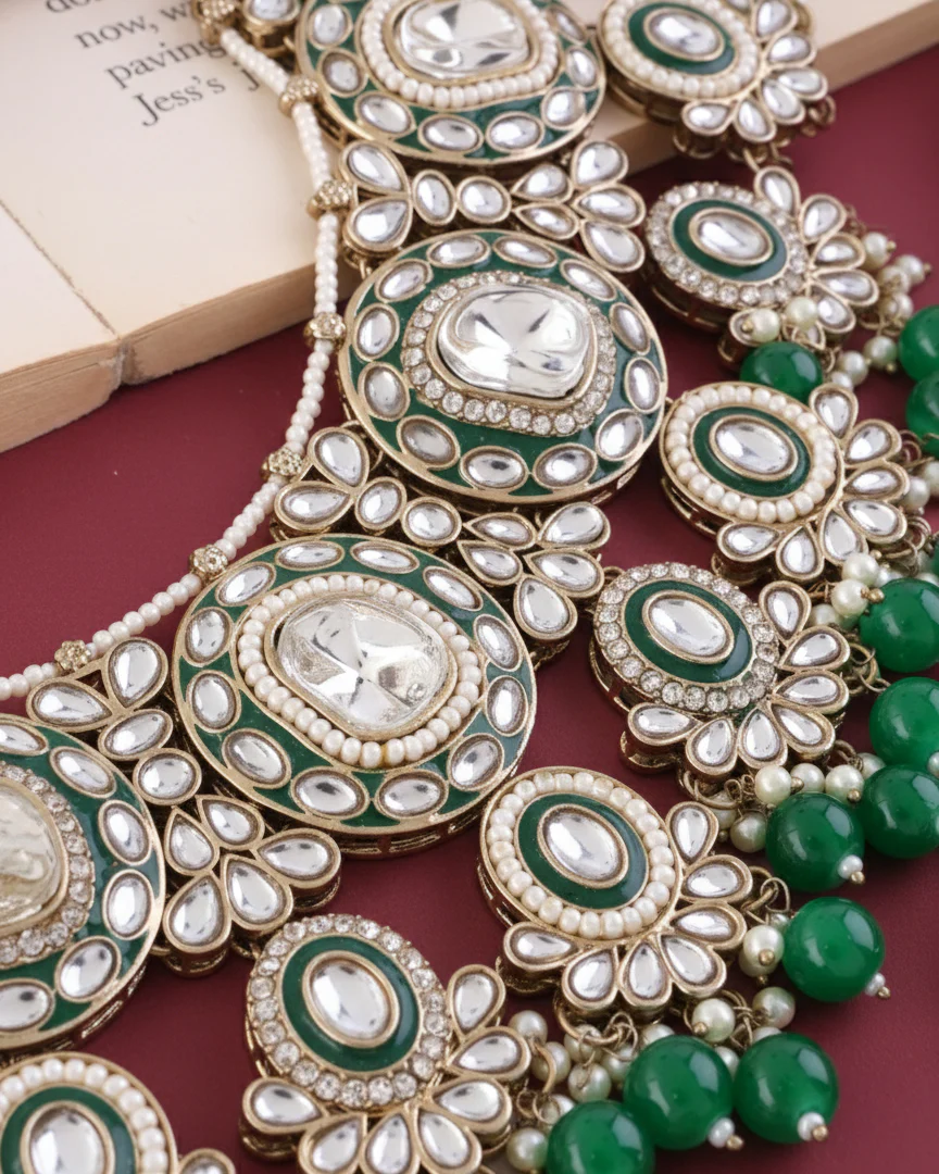 Green Vyanika Necklace Earring with Teeka - Image 5