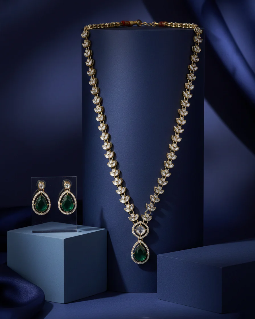 Green Yarvi Premium Kundan Necklace With Earrings - Image 2