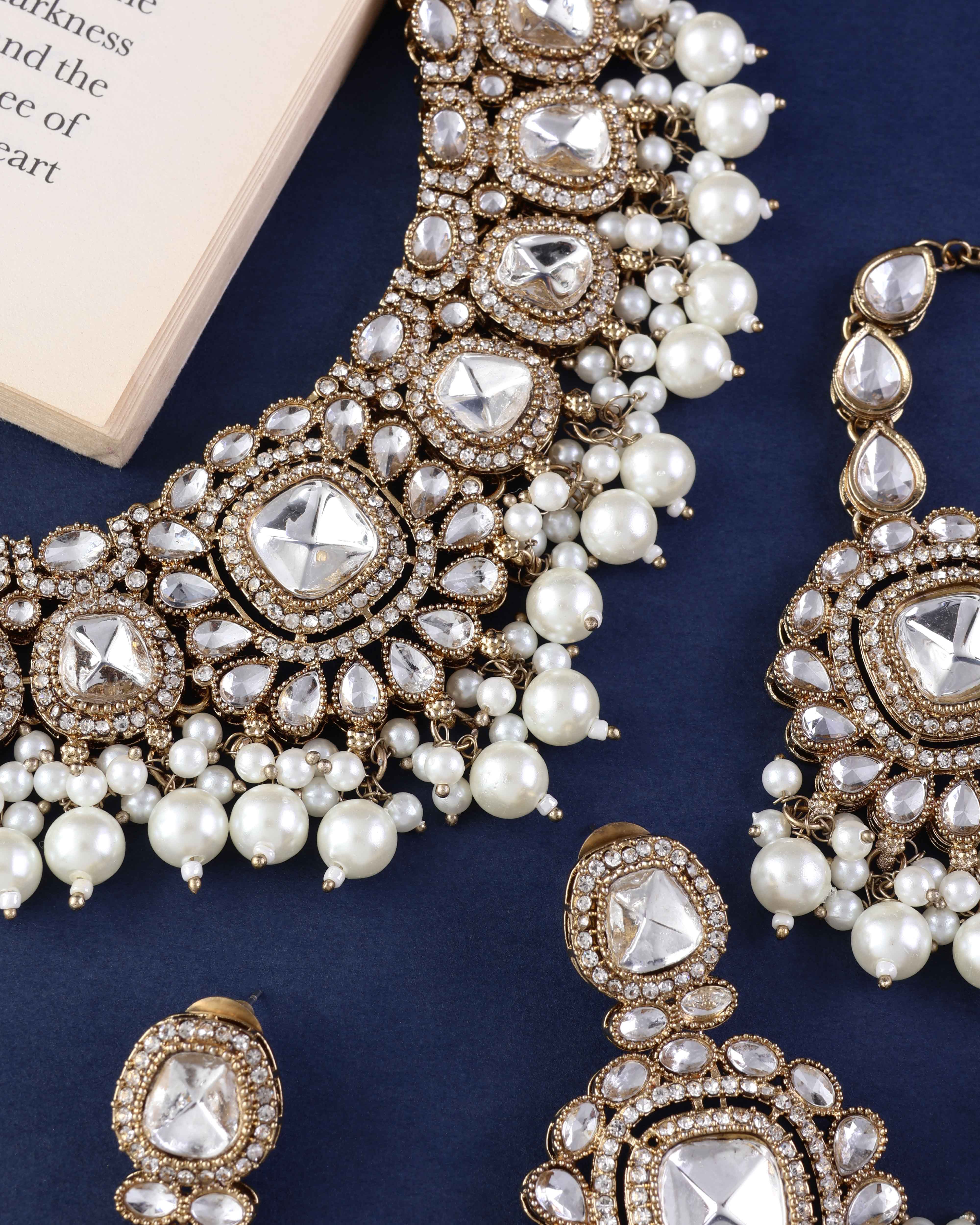 Jasraj Premium Zircone Polki Dupe Pearl Necklace with Earring and Teeka - Image 6