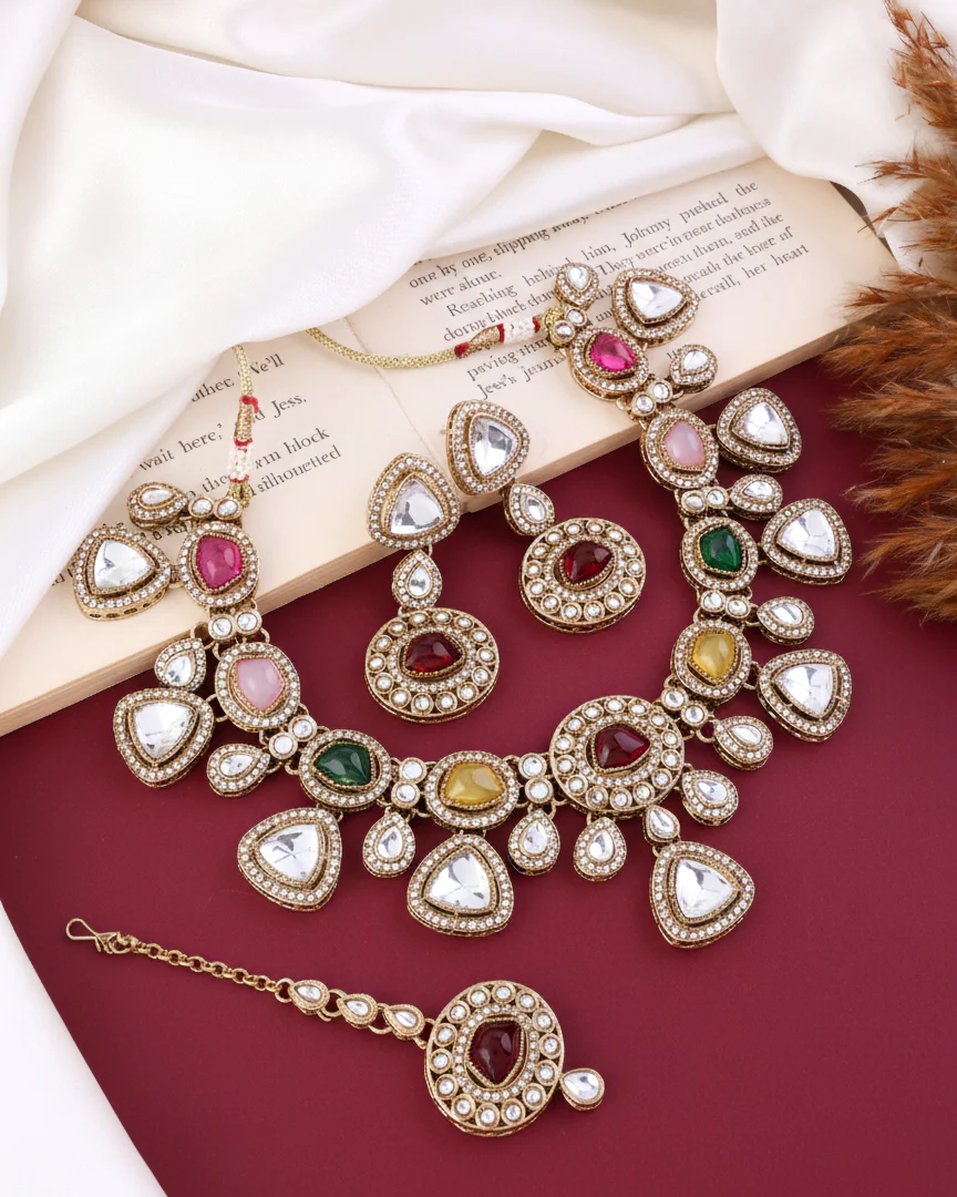 Multi Kavita Premium Polki Dupe Necklace with Earring and Teeka - Image 4